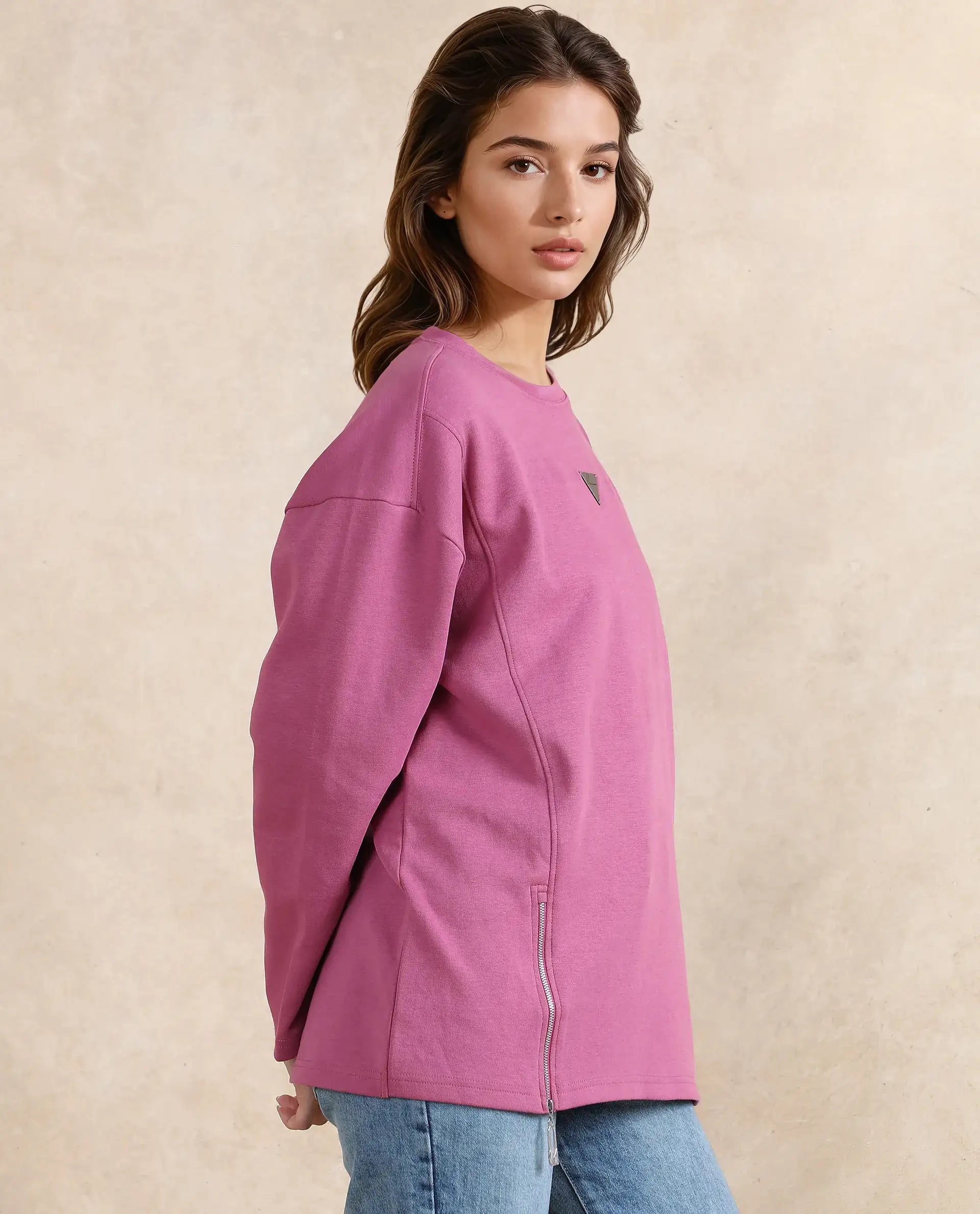 Rareism Women Gravity Pink Cotton Blend Fabric Full Sleeve Crew Neck Zipper Closure Relaxed Fit Hip Length Plain Sweatshirt