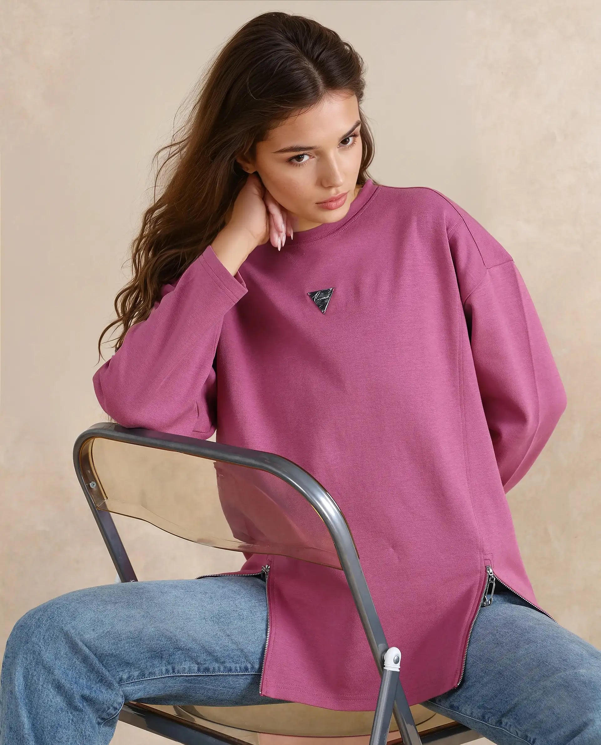 Rareism Women Gravity Pink Cotton Blend Fabric Full Sleeve Crew Neck Zipper Closure Relaxed Fit Hip Length Plain Sweatshirt