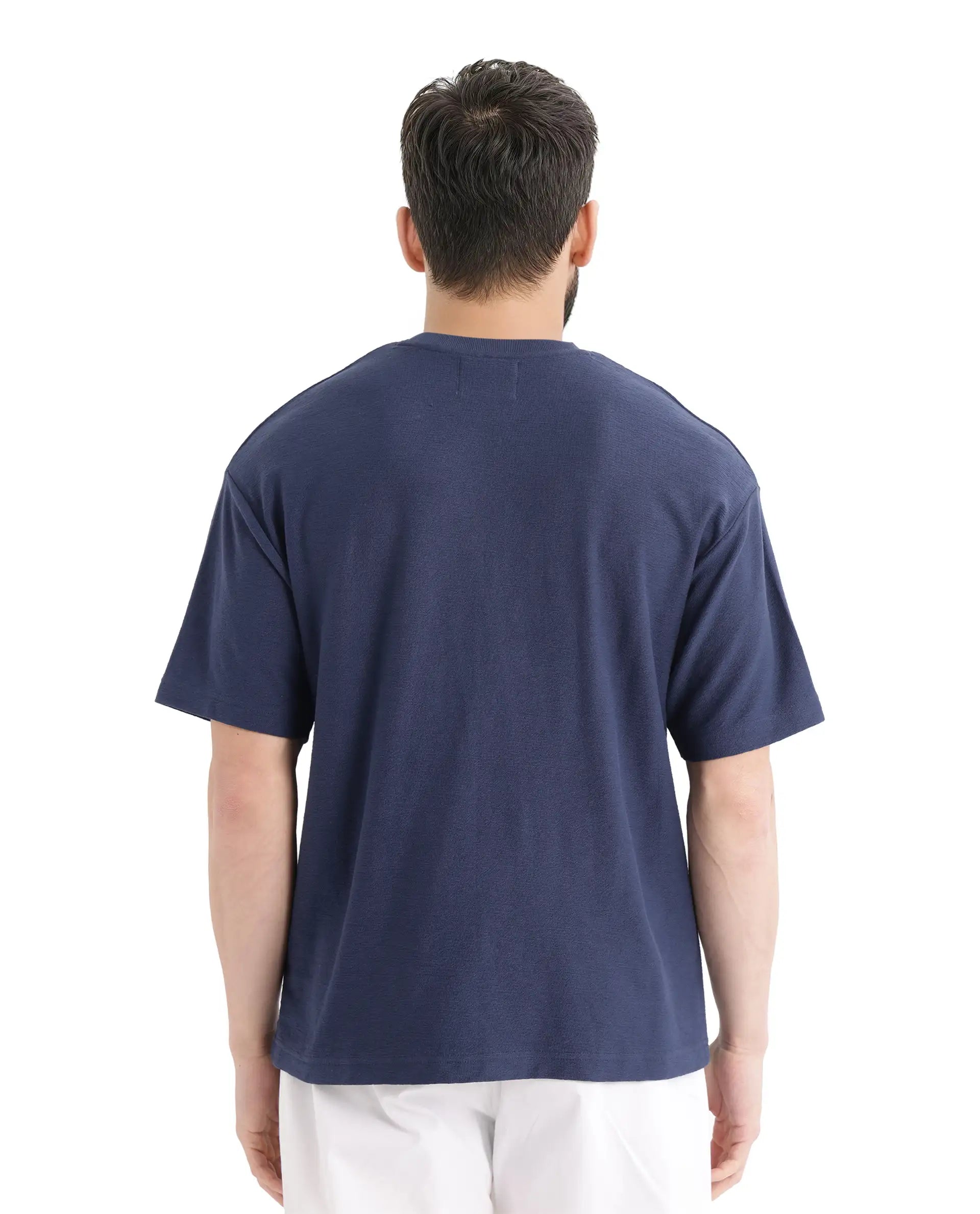 Rare Rabbit Men Graw Navy Cotton Fabric Short Sleeve Crew Neck Oversized Fit HD Graphic Print T-Shirt