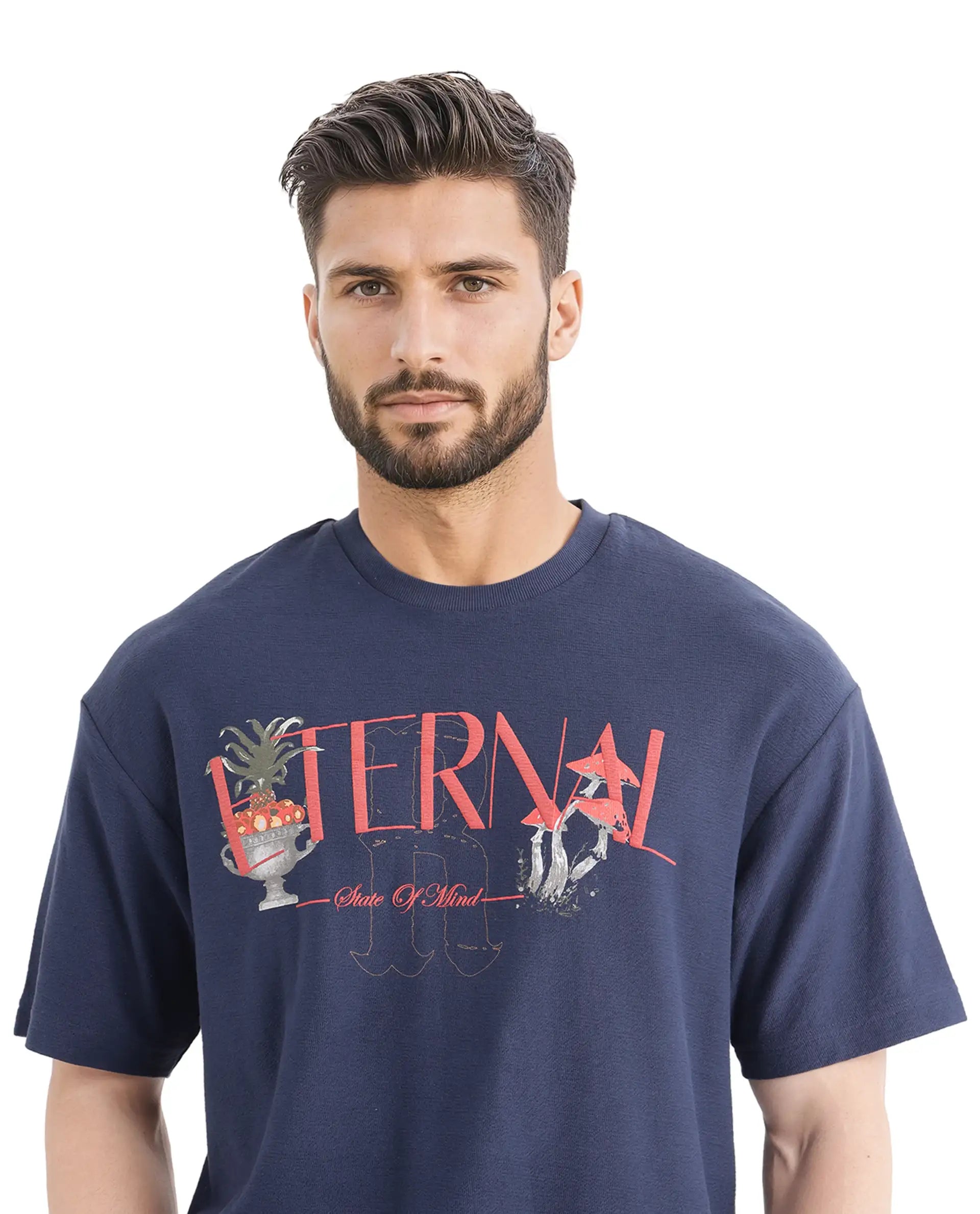 Rare Rabbit Men Graw Navy Cotton Fabric Short Sleeve Crew Neck Oversized Fit HD Graphic Print T-Shirt