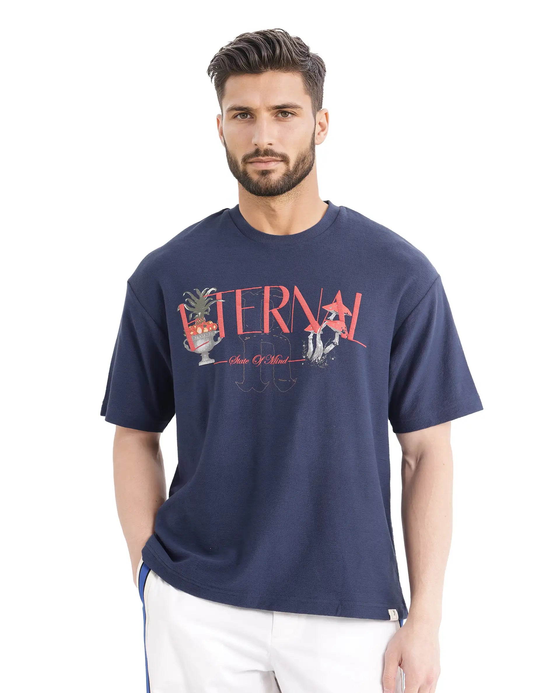 Rare Rabbit Men Graw Navy Cotton Fabric Short Sleeve Crew Neck Oversized Fit HD Graphic Print T-Shirt