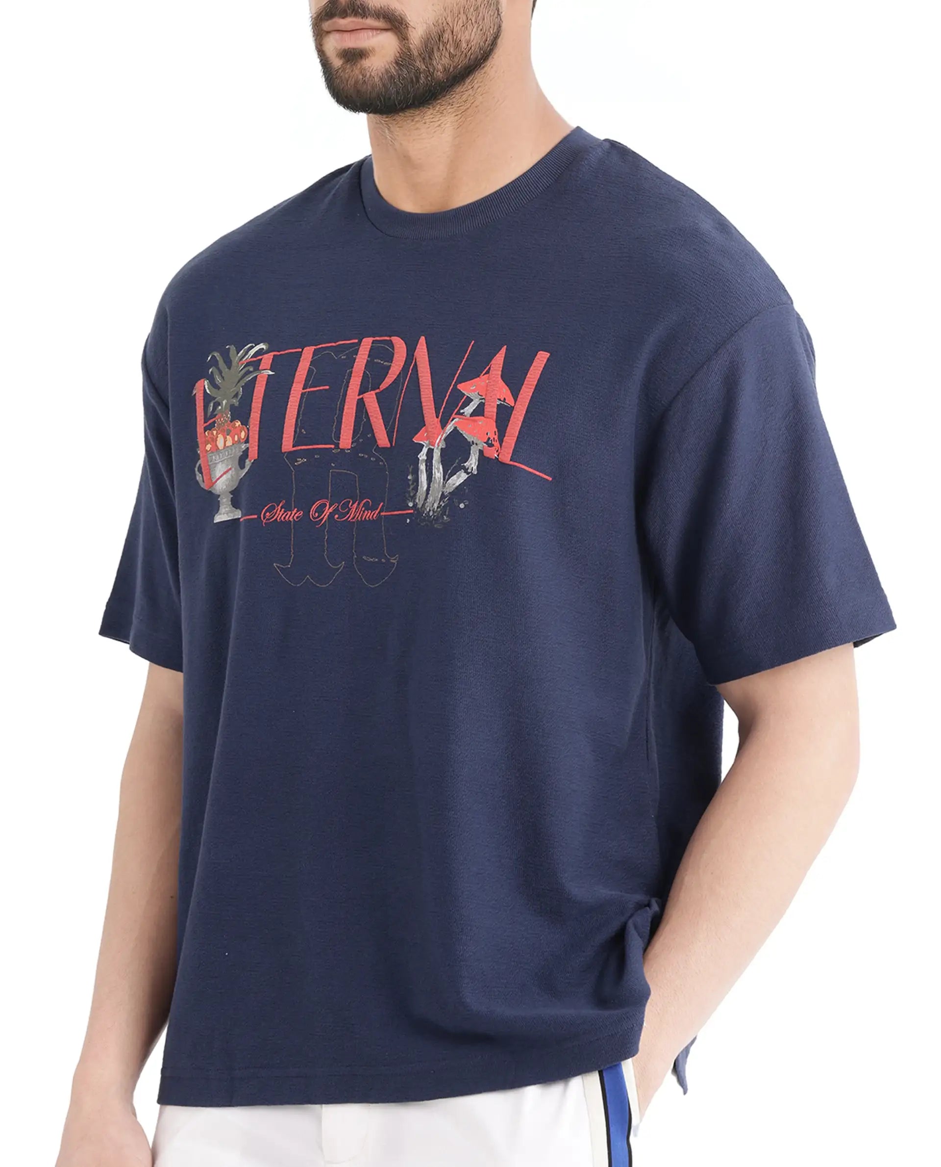 Rare Rabbit Men Graw Navy Cotton Fabric Short Sleeve Crew Neck Oversized Fit HD Graphic Print T-Shirt