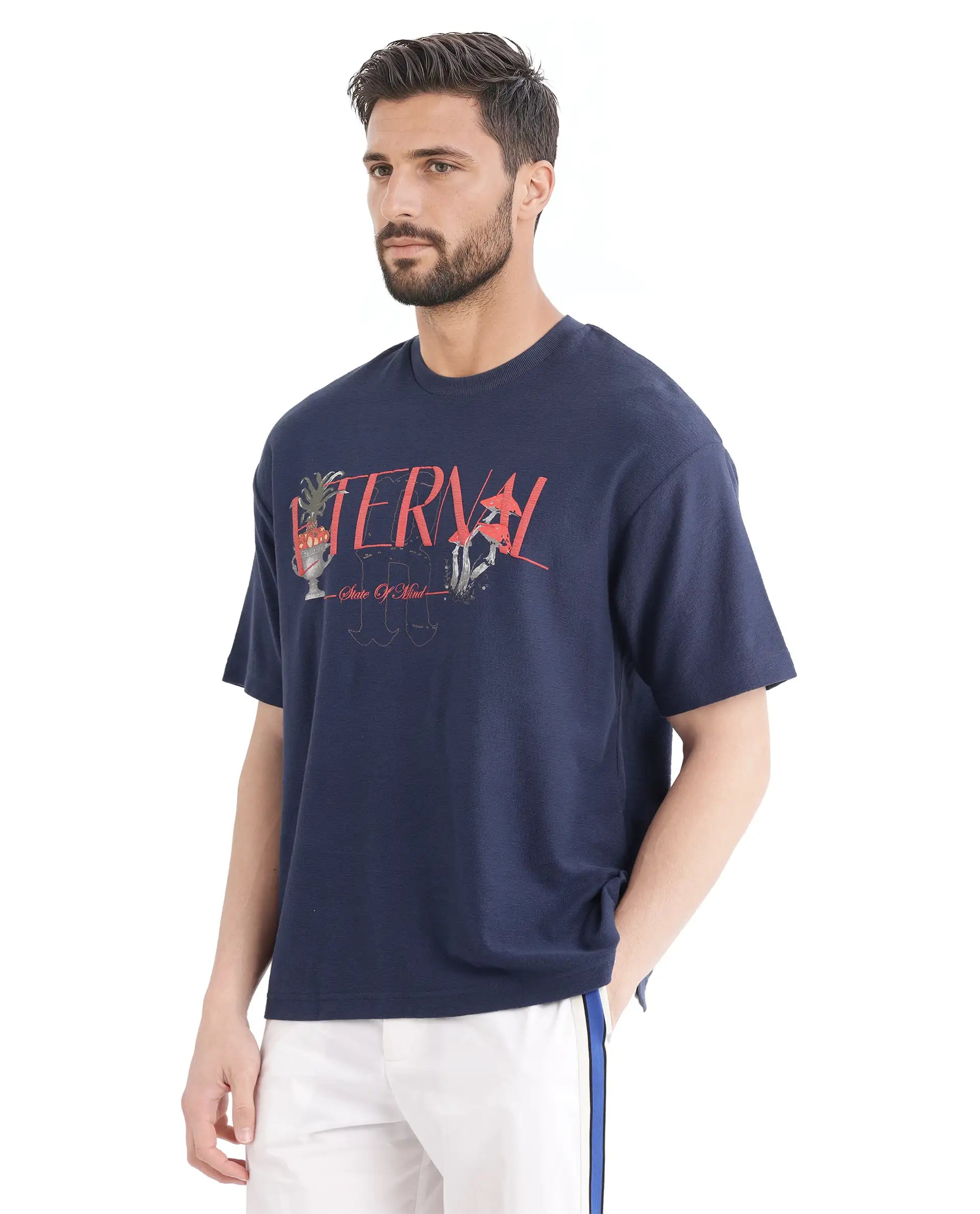 Rare Rabbit Men Graw Navy Cotton Fabric Short Sleeve Crew Neck Oversized Fit HD Graphic Print T-Shirt