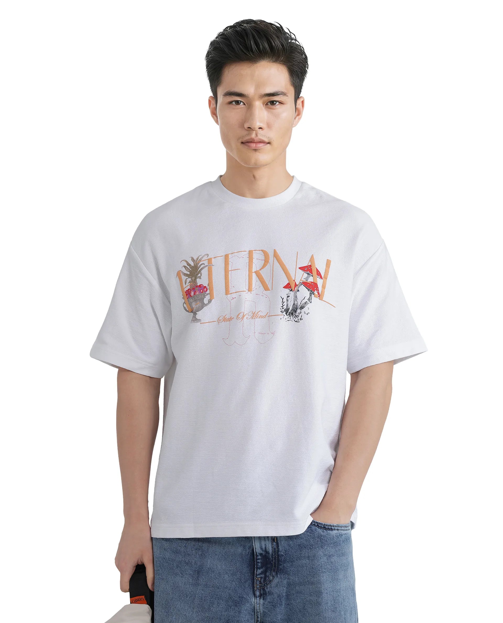 Rare Rabbit Men Graw White Cotton Fabric Short Sleeve Crew Neck Oversized Fit HD Graphic Print T-Shirt