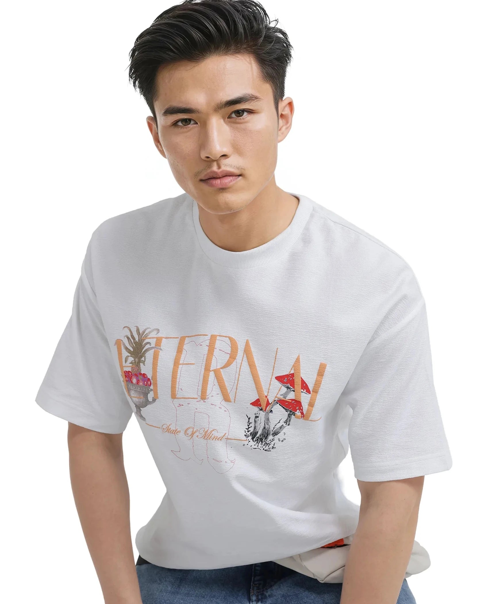 Rare Rabbit Men Graw White Cotton Fabric Short Sleeve Crew Neck Oversized Fit HD Graphic Print T-Shirt