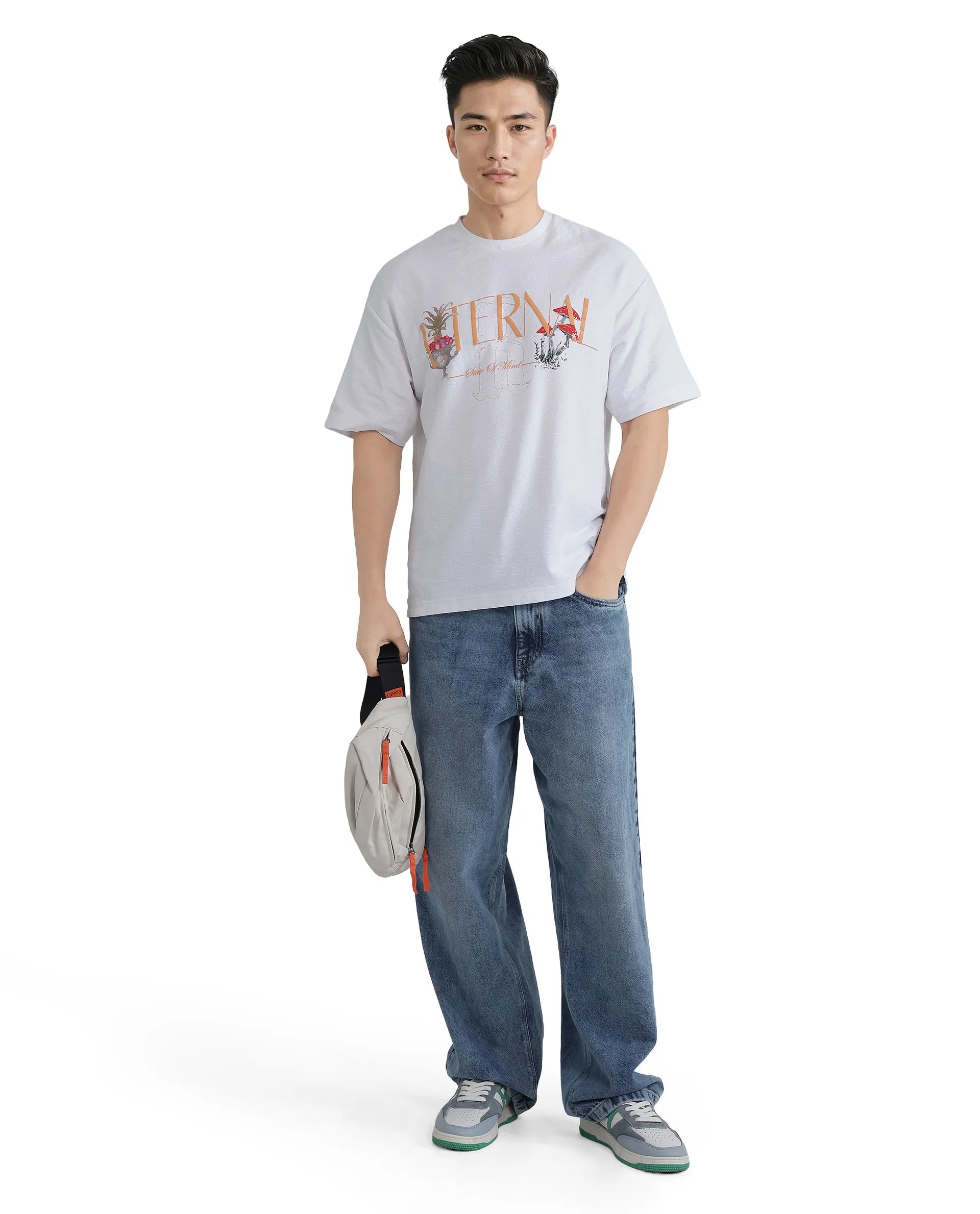 Rare Rabbit Men Graw White Cotton Fabric Short Sleeve Crew Neck Oversized Fit HD Graphic Print T-Shirt