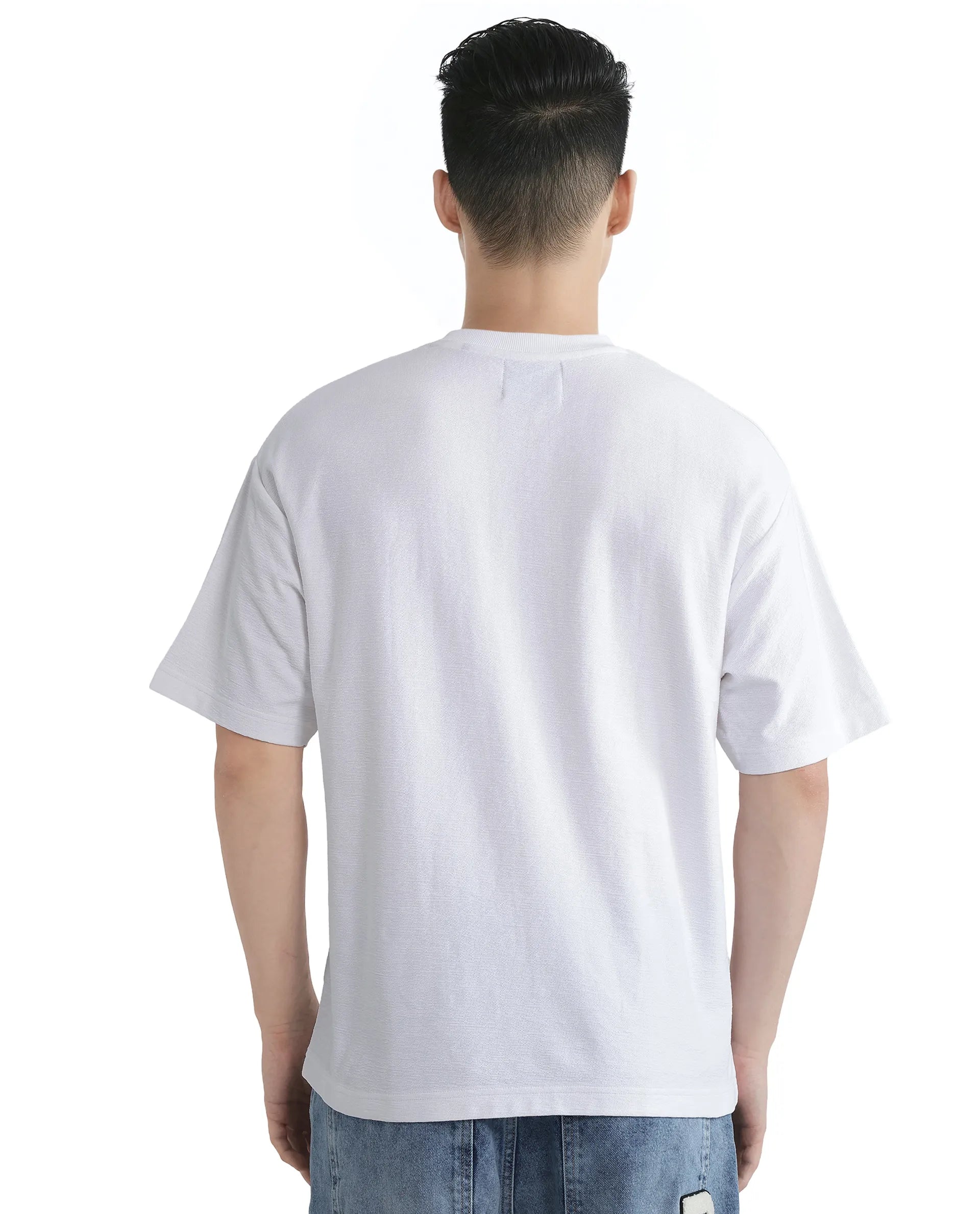 Rare Rabbit Men Graw White Cotton Fabric Short Sleeve Crew Neck Oversized Fit HD Graphic Print T-Shirt