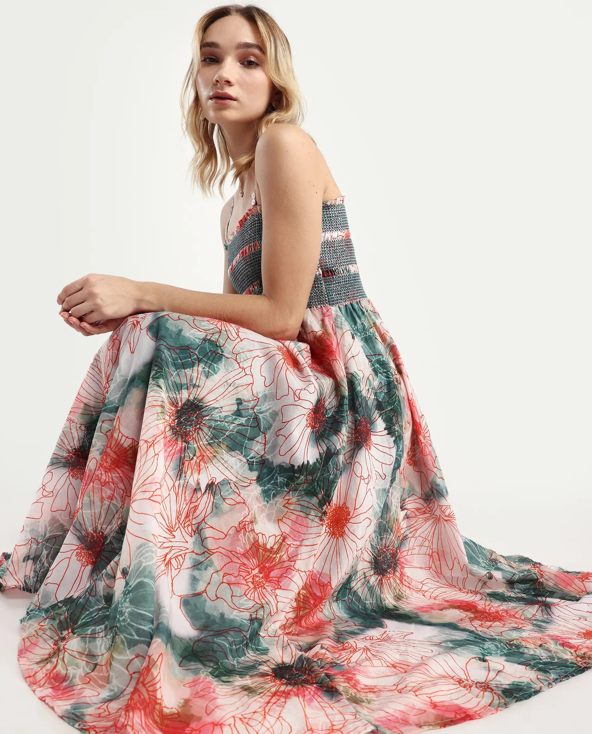 Rareism Women's Greevs Multi Cotton Shoulder Strap Floral Print Sleeveless Midi Fit And Flare Dress