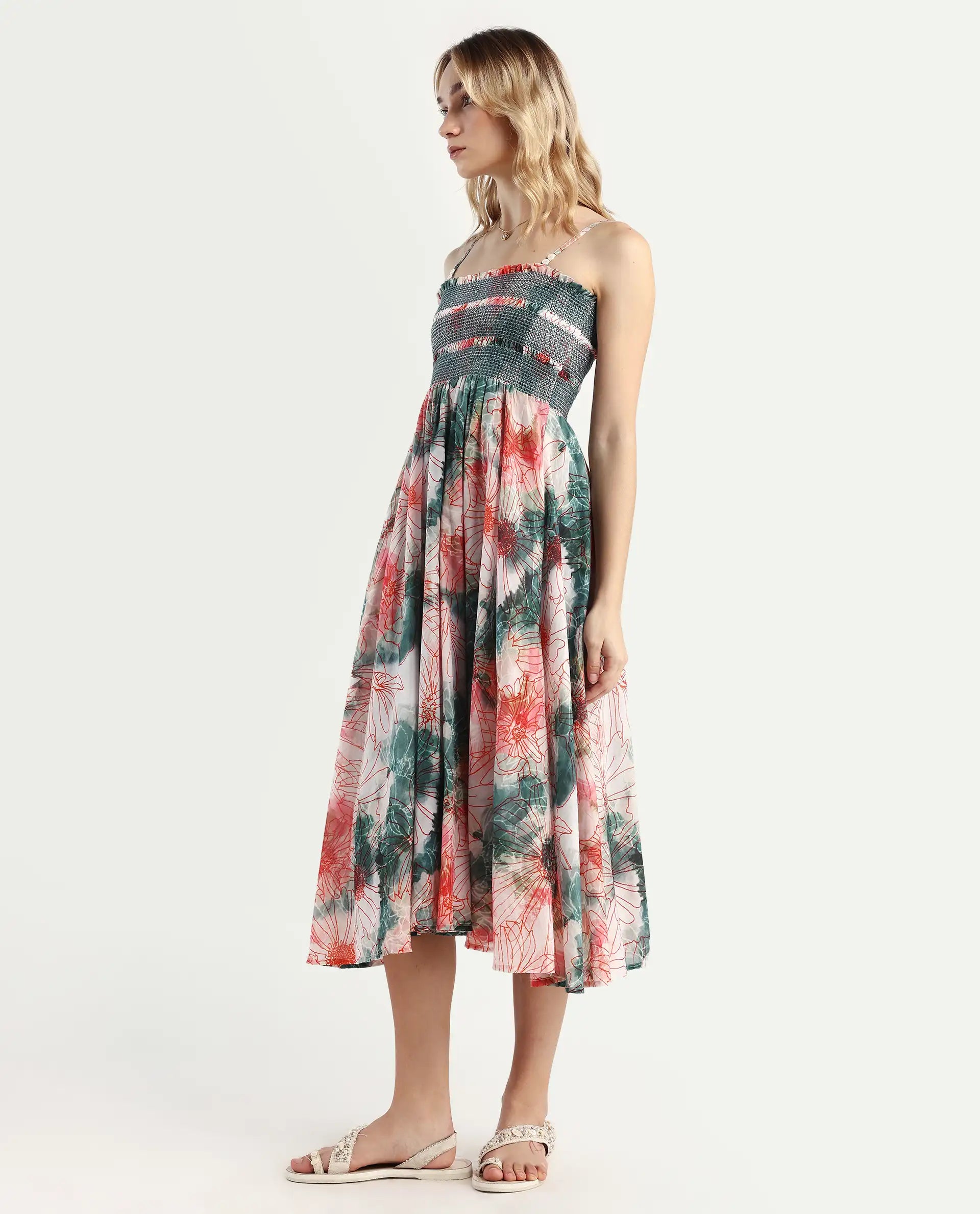 Rareism Women's Greevs Multi Cotton Shoulder Strap Floral Print Sleeveless Midi Fit And Flare Dress