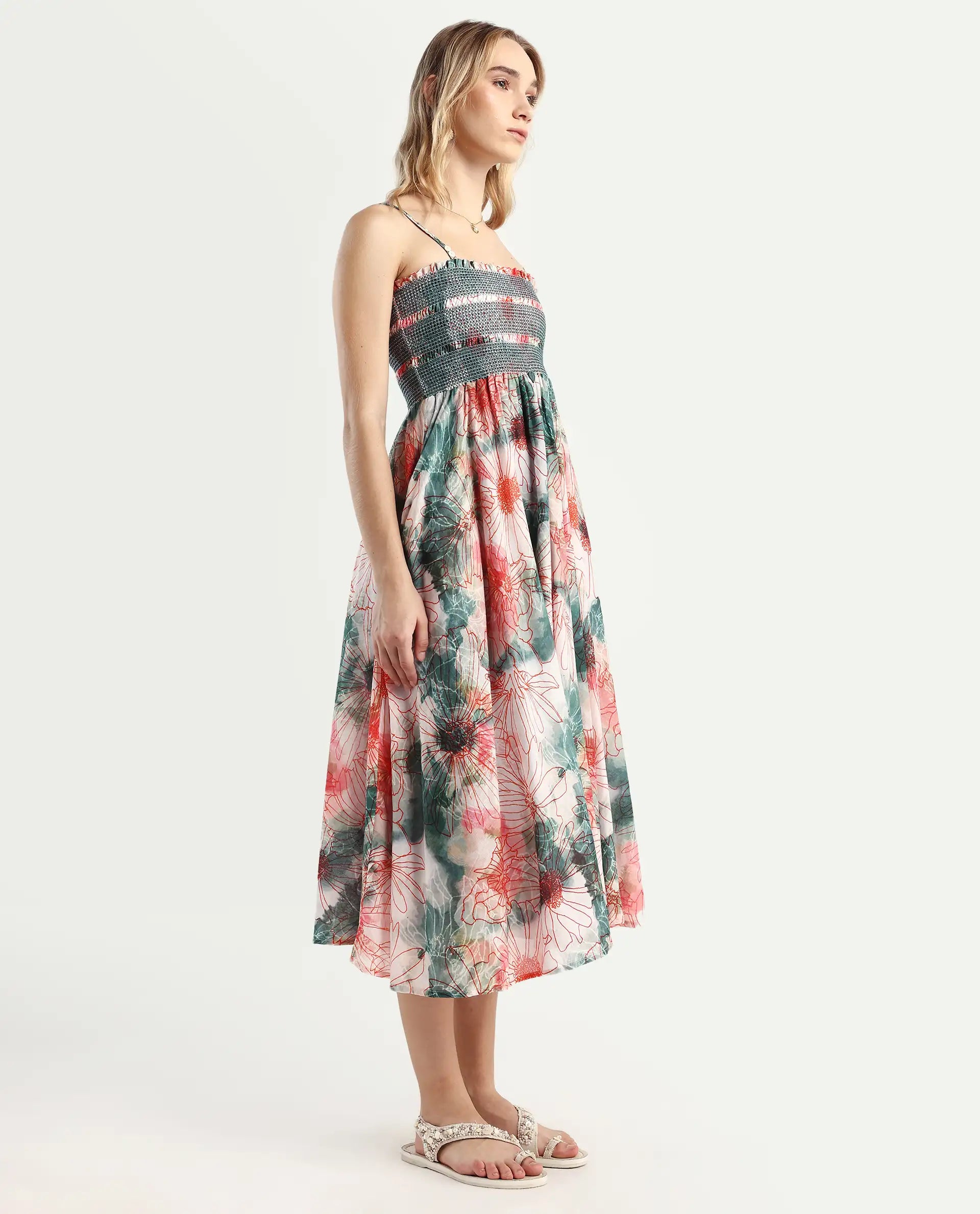 Rareism Women's Greevs Multi Cotton Shoulder Strap Floral Print Sleeveless Midi Fit And Flare Dress