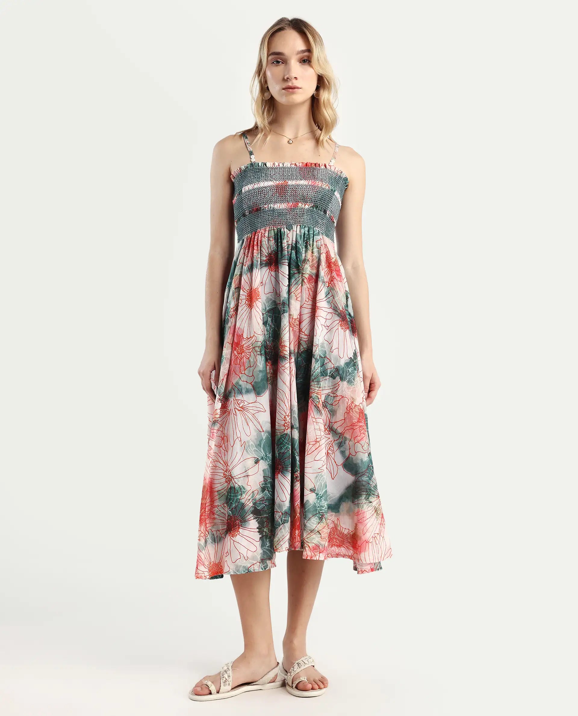 Rareism Women's Greevs Multi Cotton Shoulder Strap Floral Print Sleeveless Midi Fit And Flare Dress