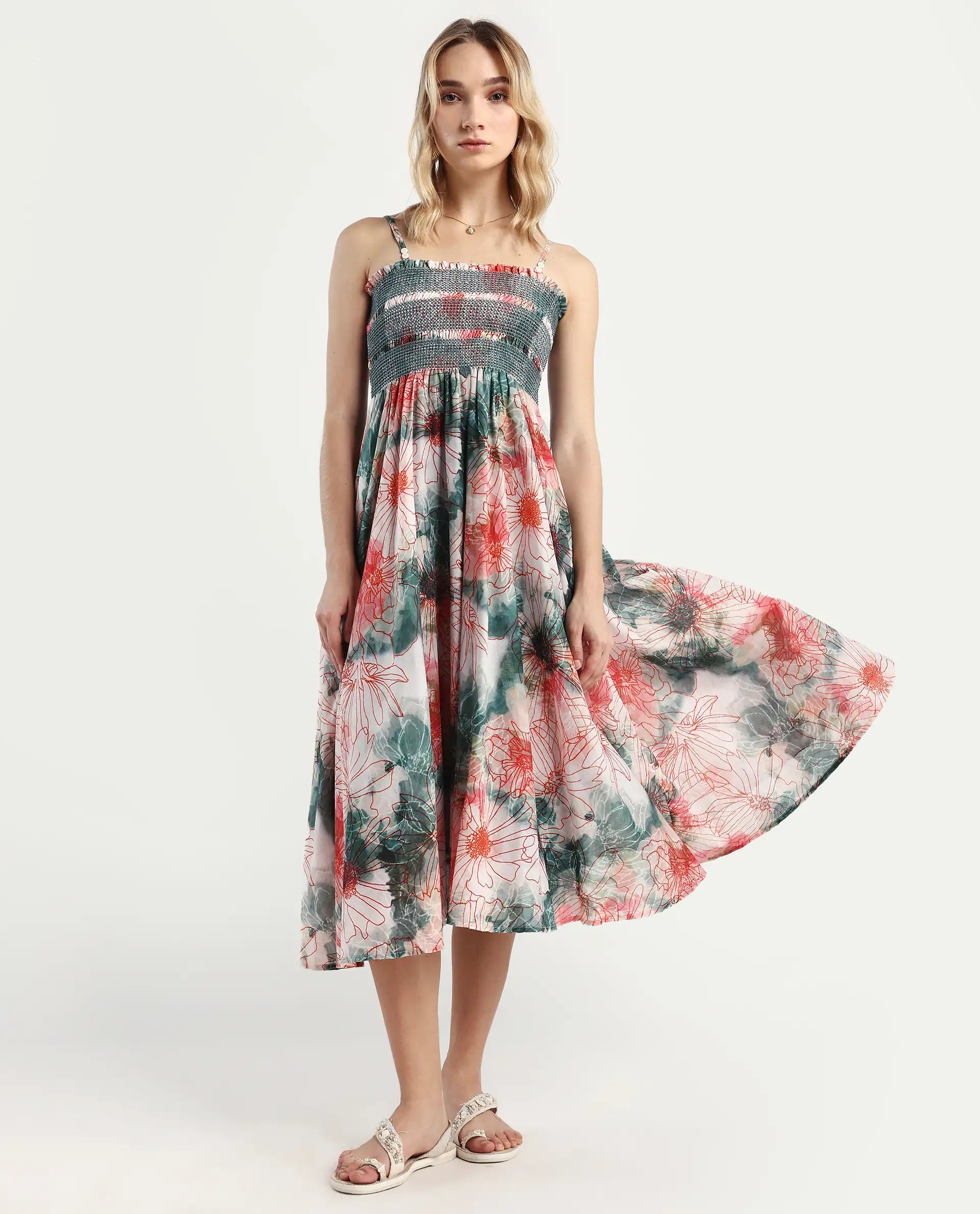 Rareism Women's Greevs Multi Cotton Shoulder Strap Floral Print Sleeveless Midi Fit And Flare Dress