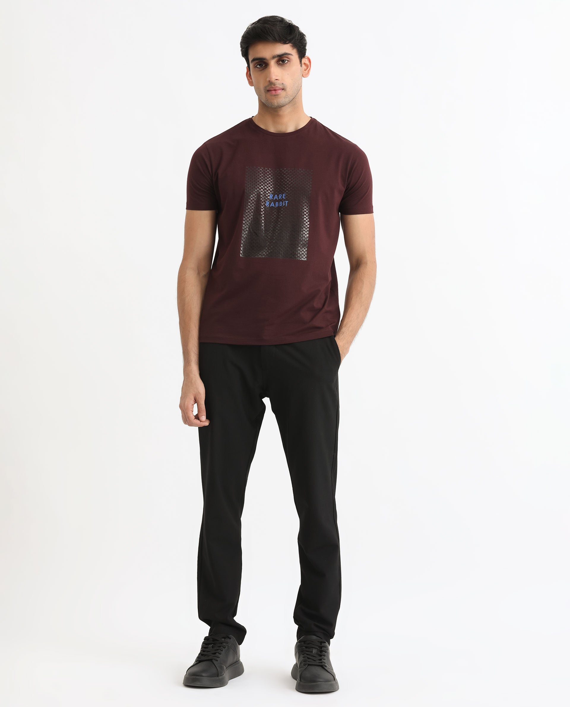 Rare Rabbit Men's Gregory Maroon Crew Neck Half Sleeves Graphic Print Branding T-Shirt