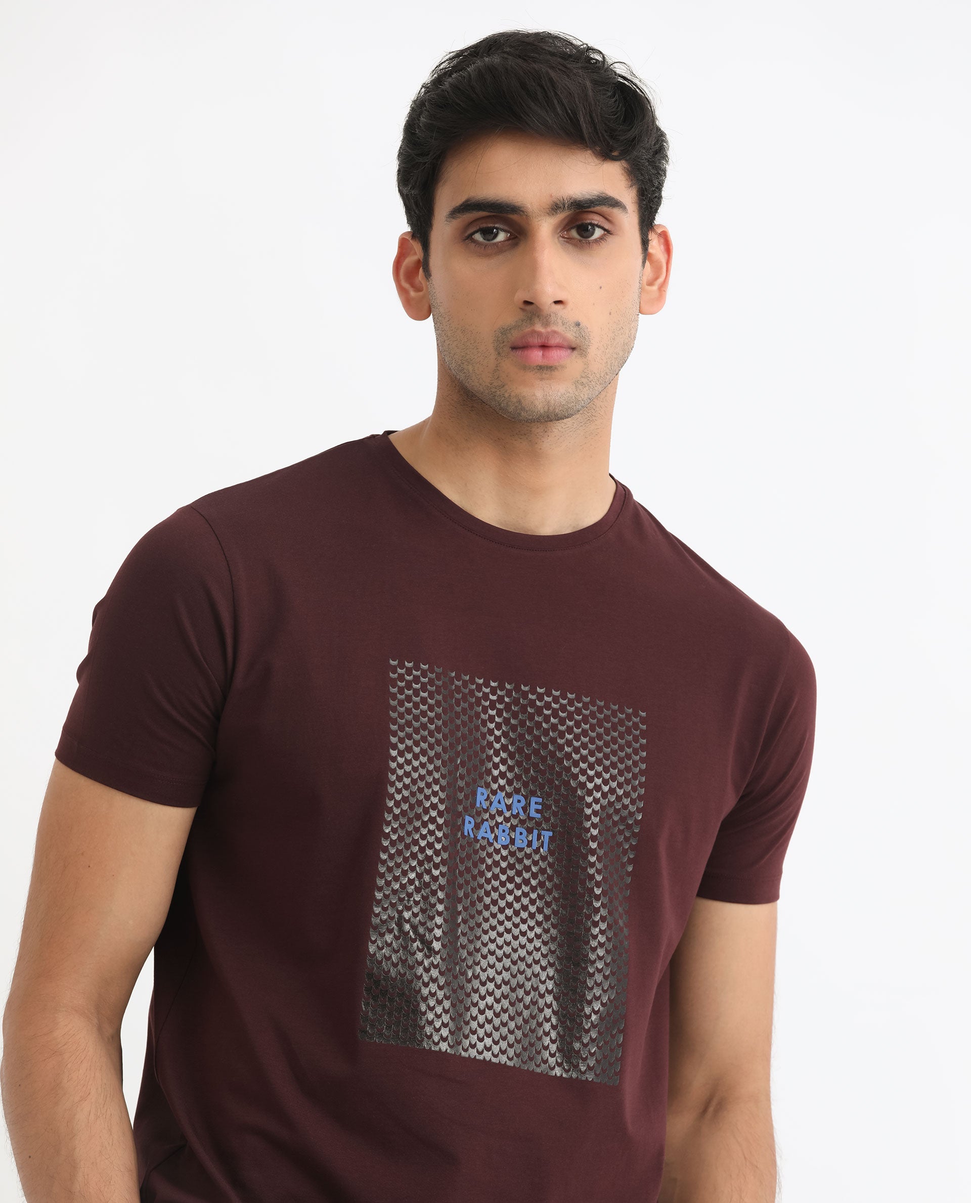 Rare Rabbit Men's Gregory Maroon Crew Neck Half Sleeves Graphic Print Branding T-Shirt