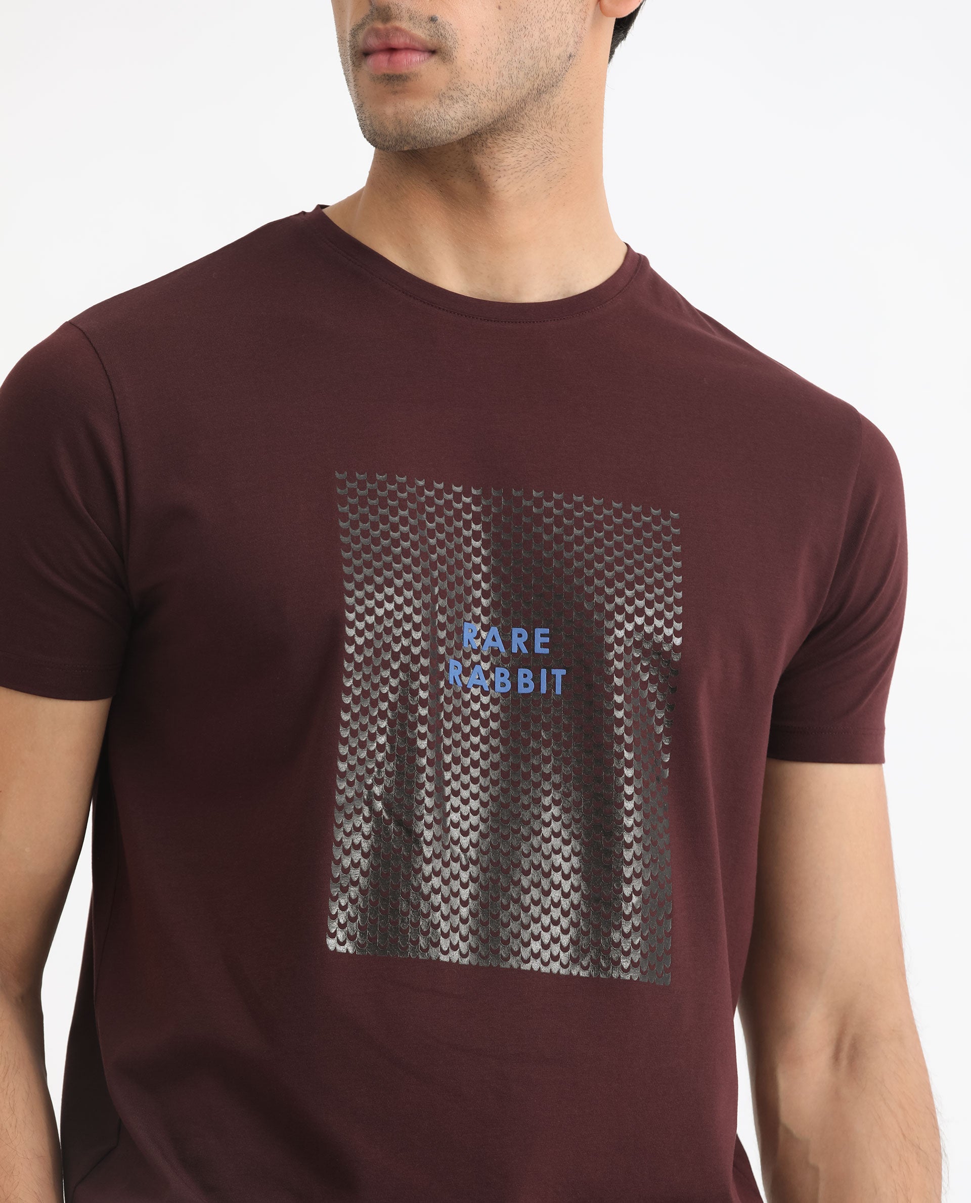 Rare Rabbit Men's Gregory Maroon Crew Neck Half Sleeves Graphic Print Branding T-Shirt