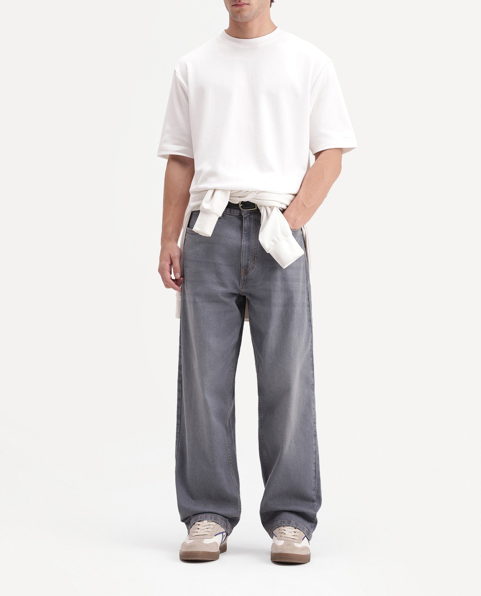 Rare Rabbit Men's Grem 1 Light Grey Cotton Blend Relaxed Plain Jeans