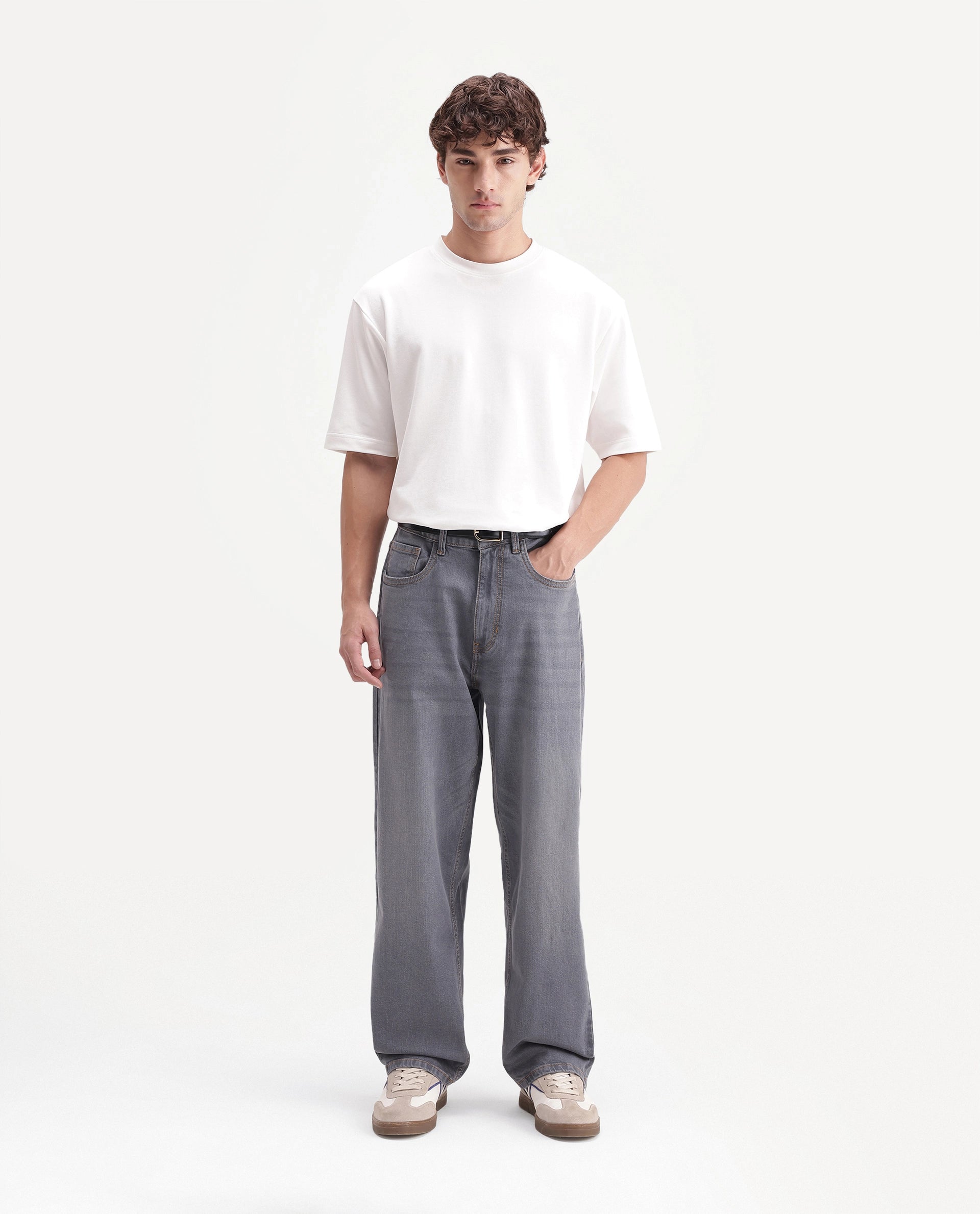 Rare Rabbit Men's Grem 1 Light Grey Cotton Blend Relaxed Plain Jeans
