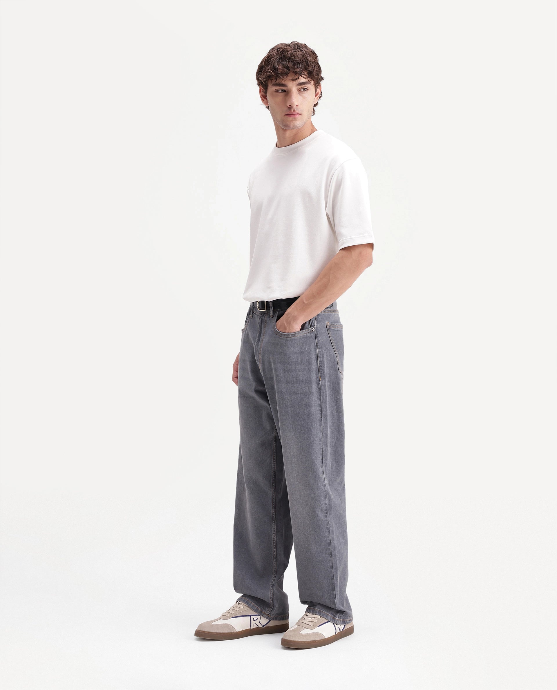 Rare Rabbit Men's Grem 1 Light Grey Cotton Blend Relaxed Plain Jeans