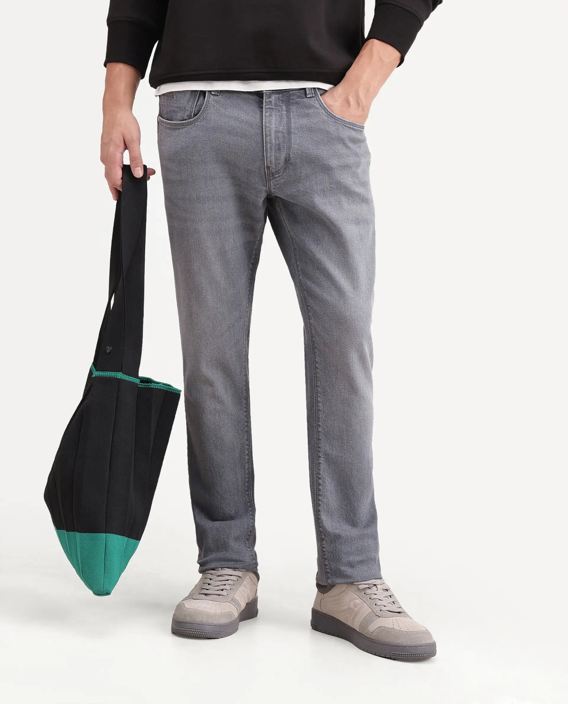 Rare Rabbit Men's Grem Light Grey Cotton Blend Hawk Slim Plain Jeans