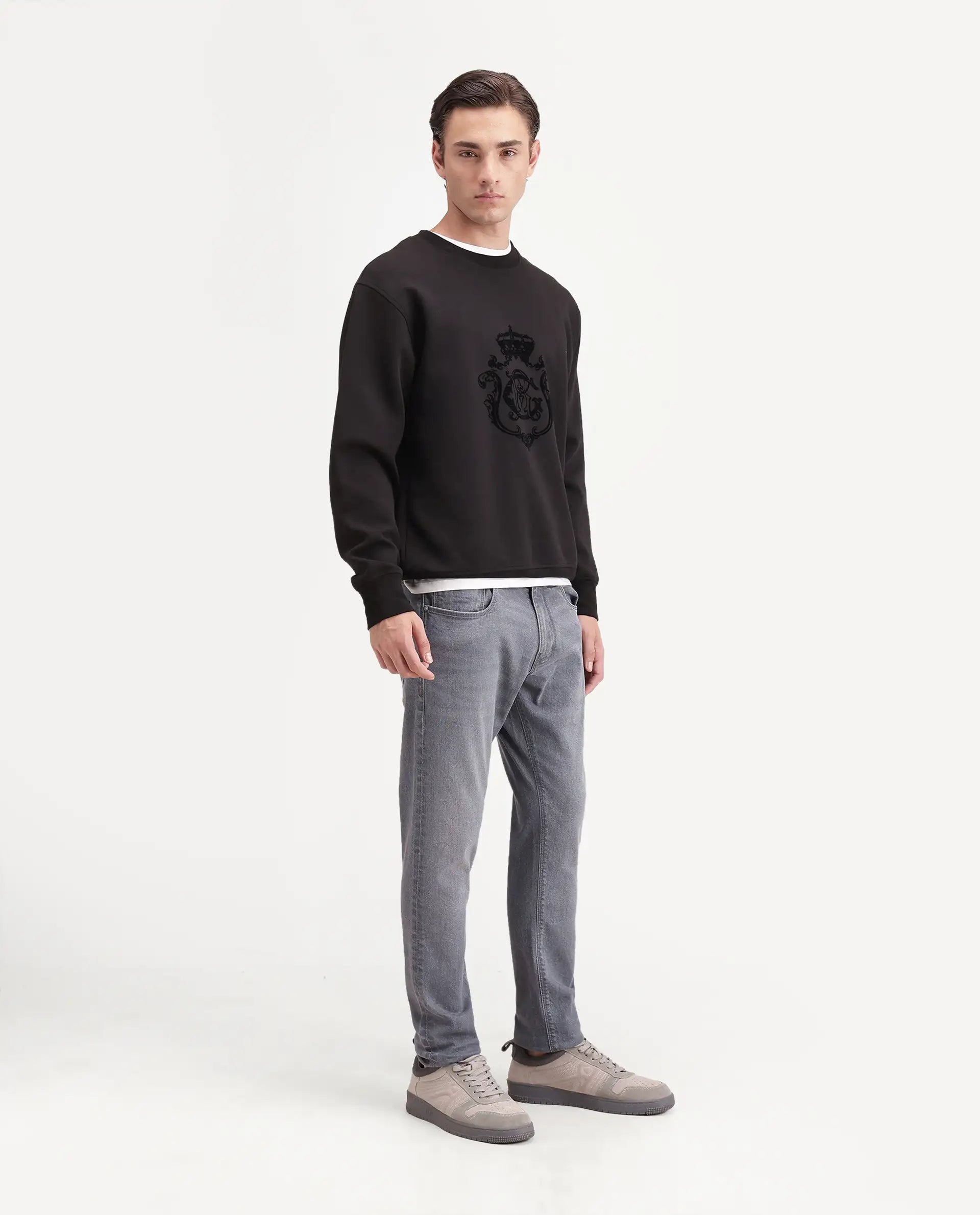 Rare Rabbit Men's Grem Light Grey Cotton Blend Hawk Slim Plain Jeans