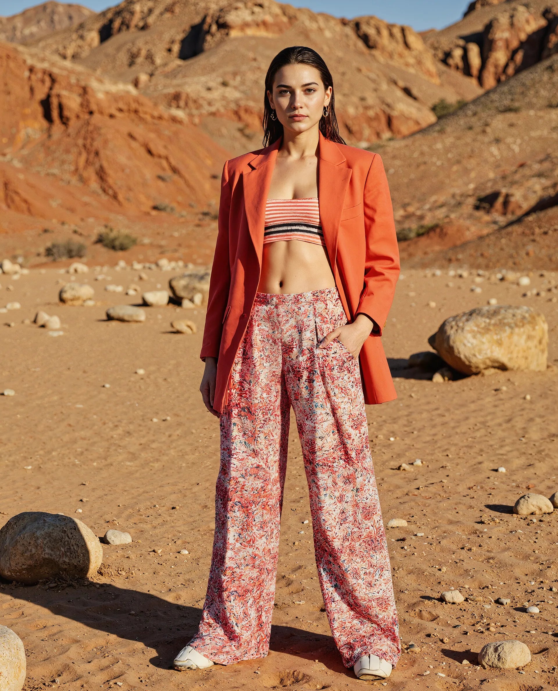 Rareism Women's Gretay Multi Polyester Blend Geometric Print Ankle Length Wide Trouser