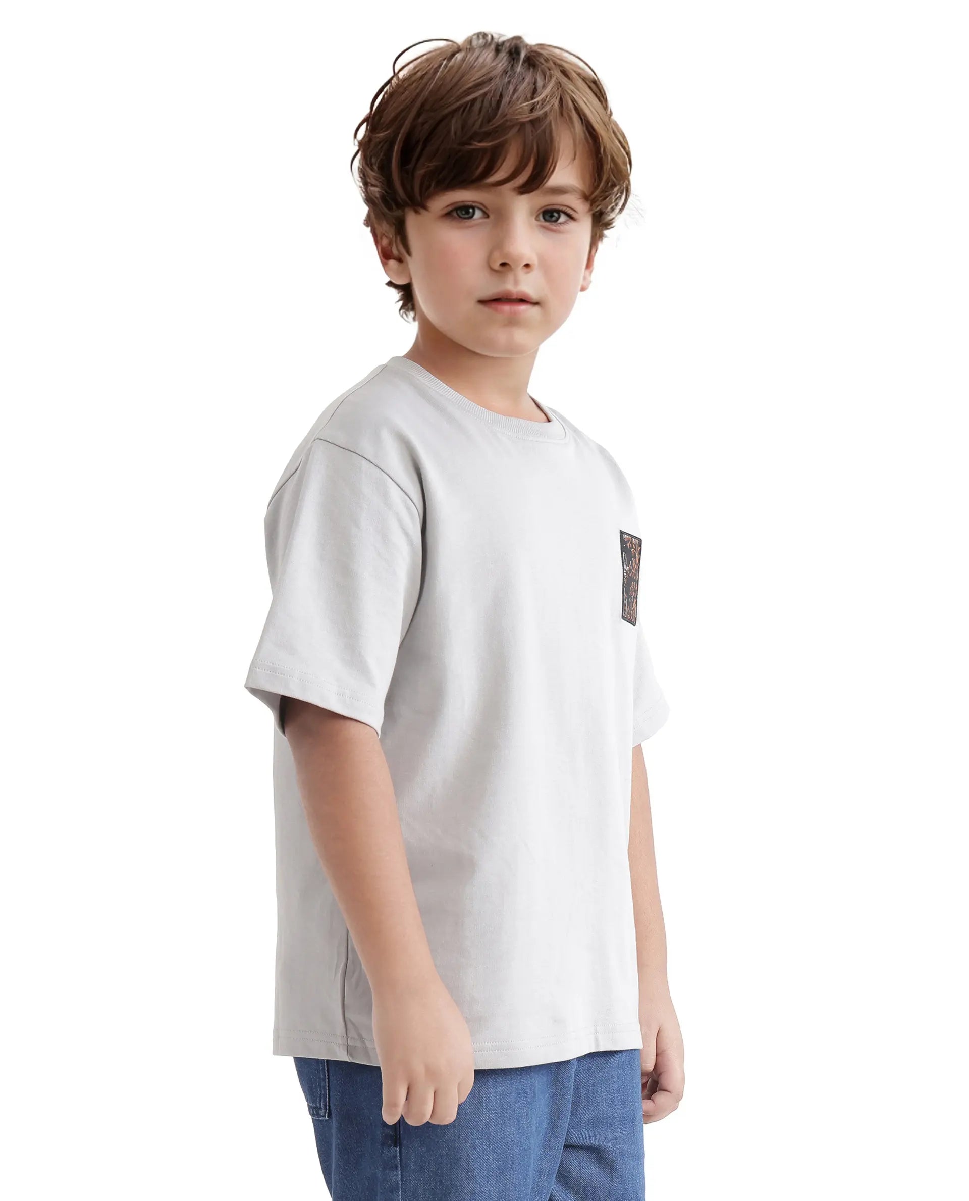 Rare Ones Kids Rugy-K Grey Cotton Half Sleeve Crew Neck Printed Boxy T-Shirt
