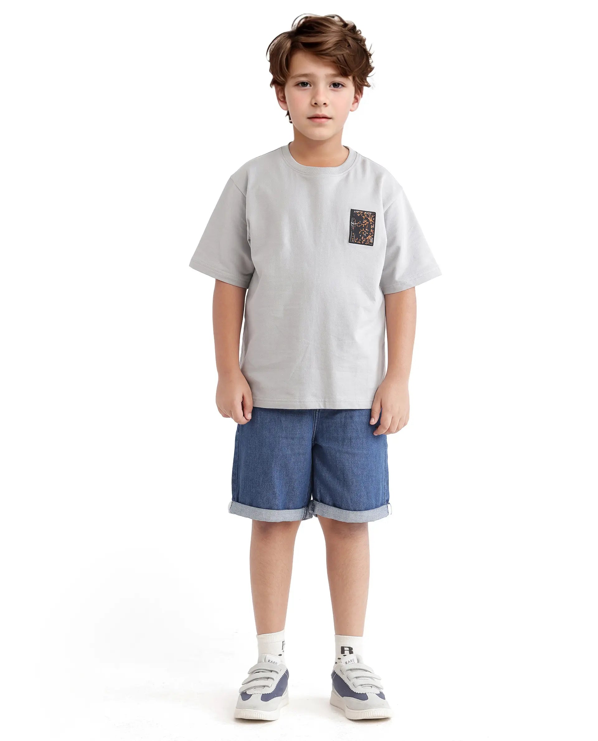 Rare Ones Kids Rugy-K Grey Cotton Half Sleeve Crew Neck Printed Boxy T-Shirt