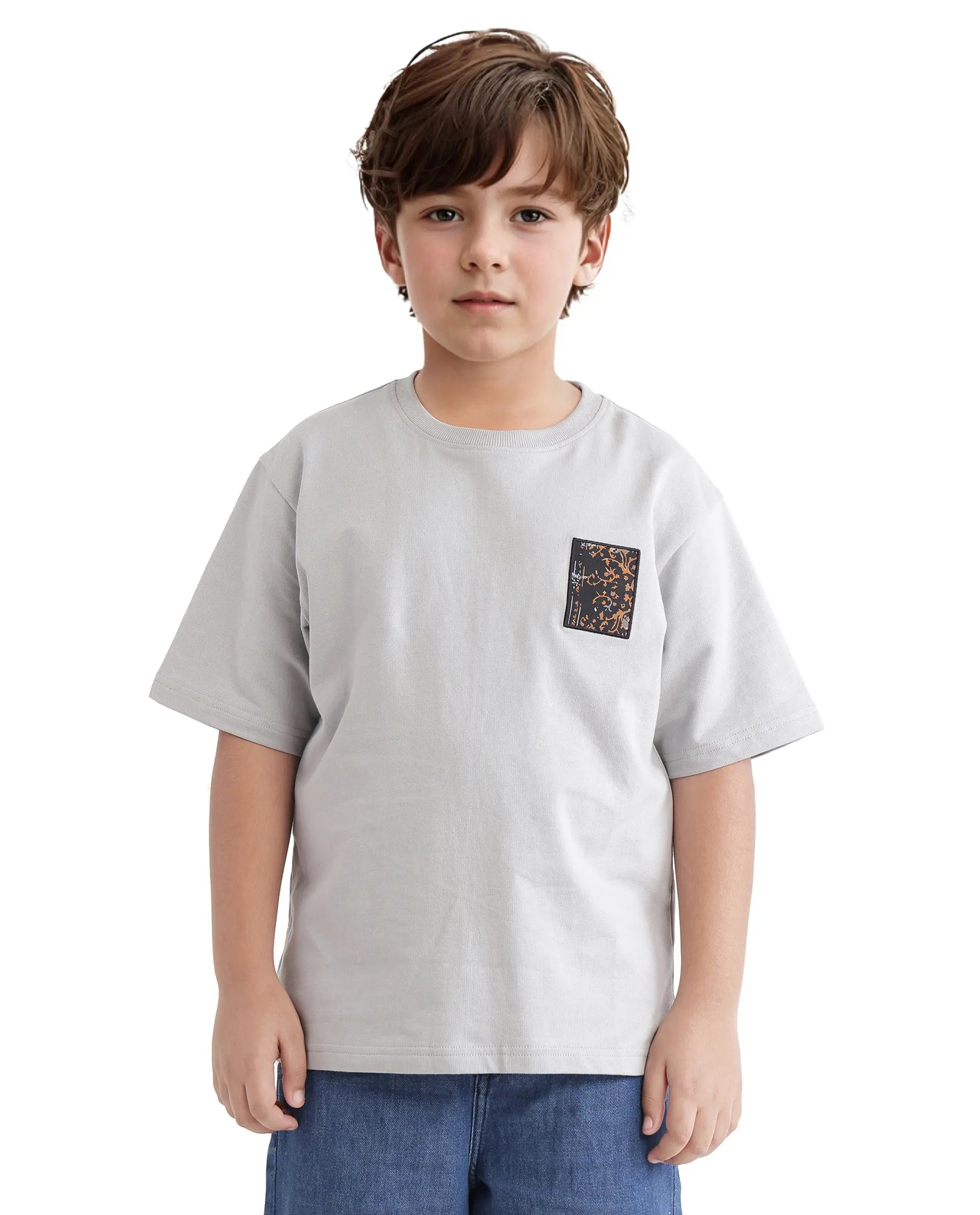 Rare Ones Kids Rugy-K Grey Cotton Half Sleeve Crew Neck Printed Boxy T-Shirt
