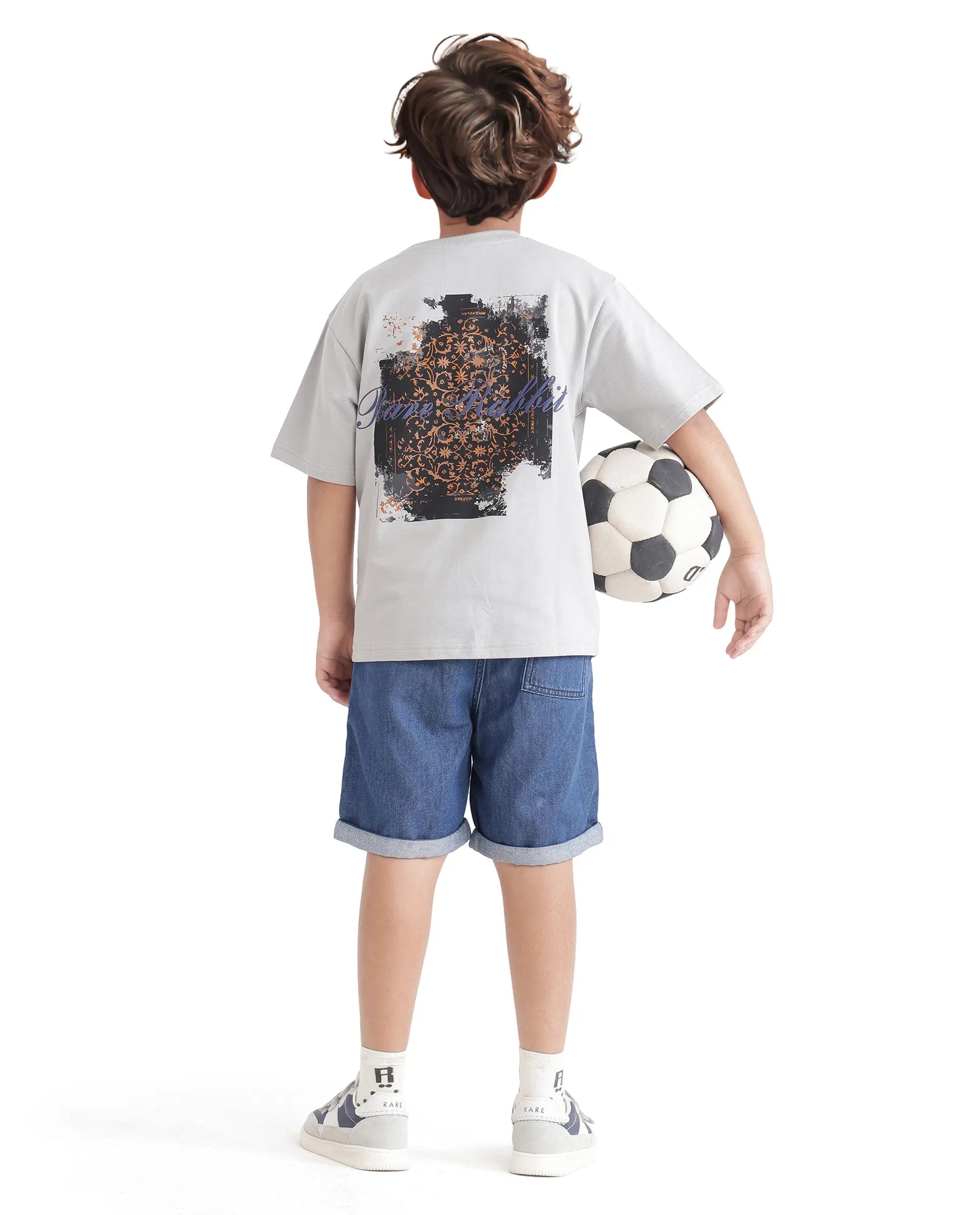 Rare Ones Kids Rugy-K Grey Cotton Half Sleeve Crew Neck Printed Boxy T-Shirt