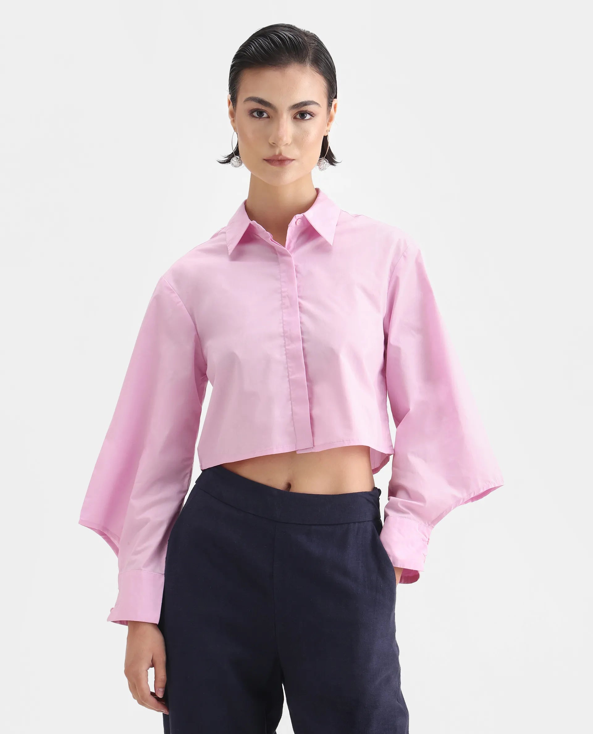 Rareism Women's Grieropo Pink Cotton Spread Collar Plain Fashion Sleeve Crop Regular Fit Top