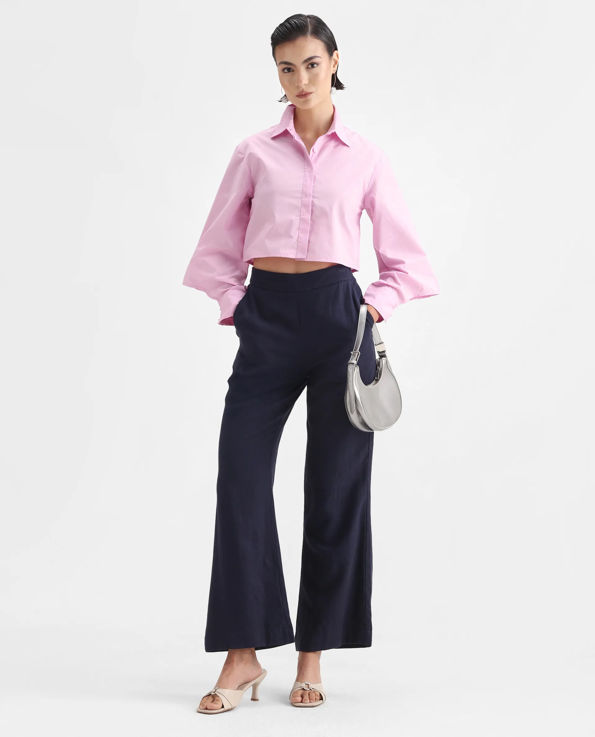 Rareism Women's Grieropo Pink Cotton Spread Collar Plain Fashion Sleeve Crop Regular Fit Top