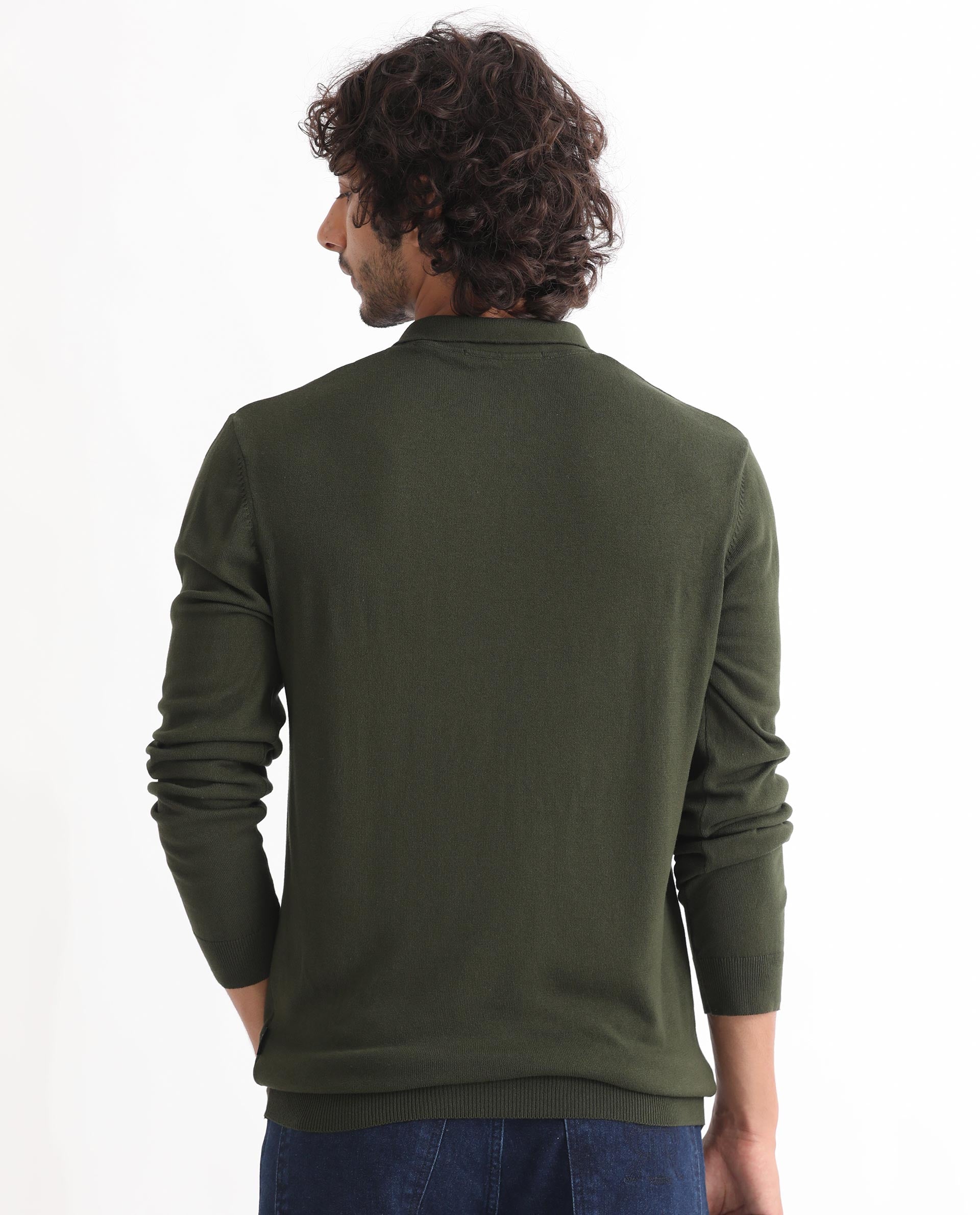 Rare Rabbit Mens Griffin Olive Sweater Viscose Nylon Polyester Fabric Collared Neck Knitted Full Sleeves Zipper Closure Regular Fit