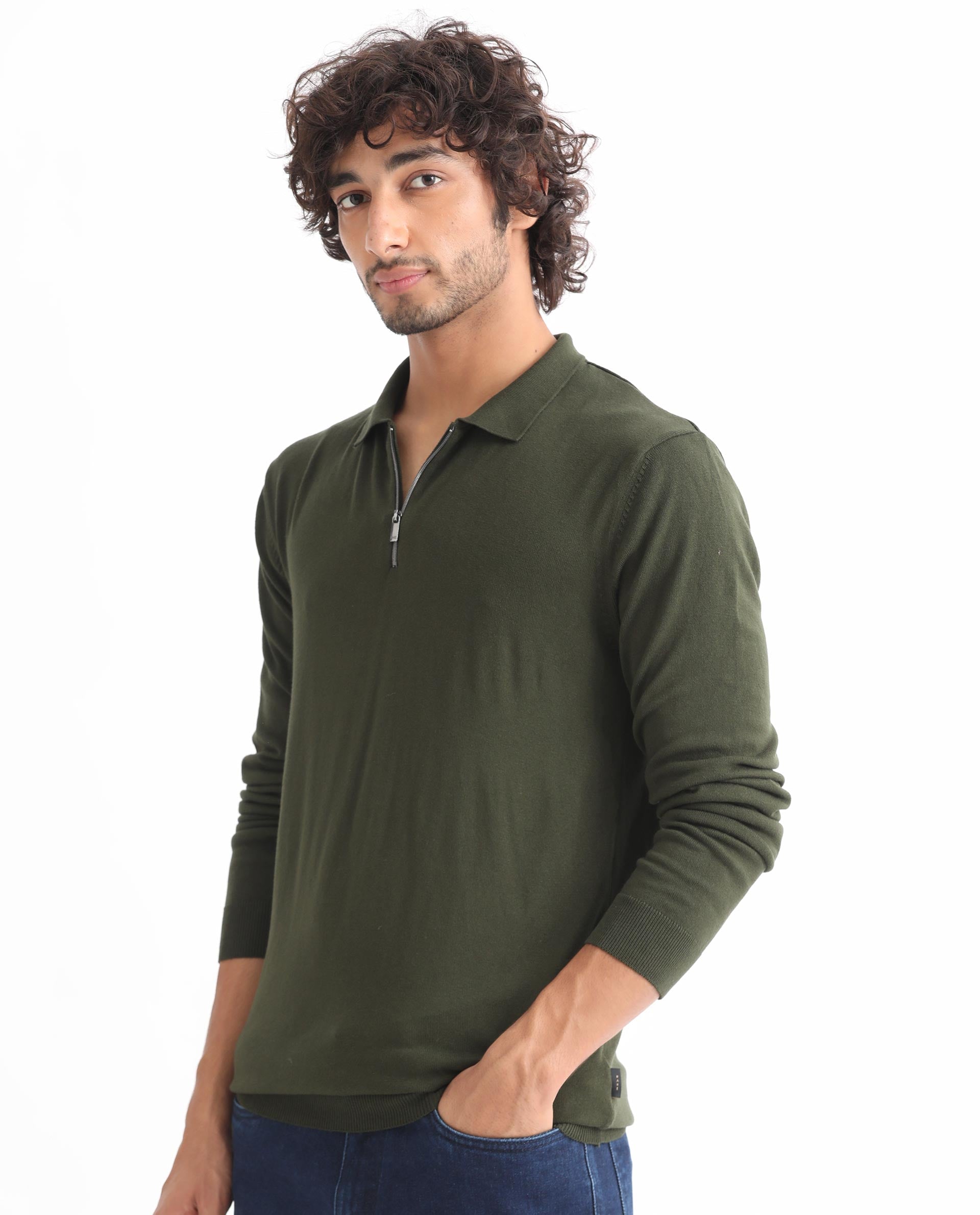 Rare Rabbit Mens Griffin Olive Sweater Viscose Nylon Polyester Fabric Collared Neck Knitted Full Sleeves Zipper Closure Regular Fit