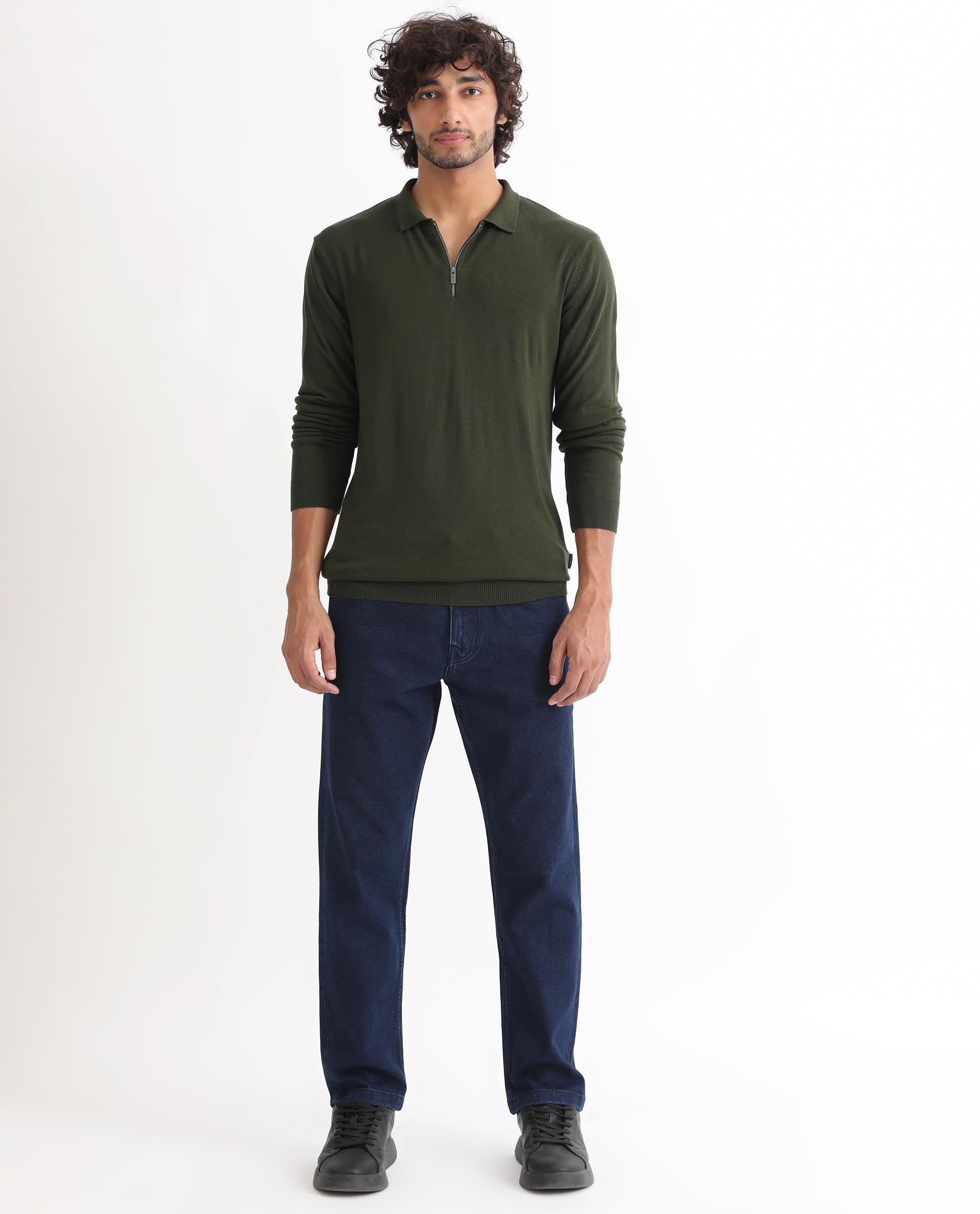 Rare Rabbit Mens Griffin Olive Sweater Viscose Nylon Polyester Fabric Collared Neck Knitted Full Sleeves Zipper Closure Regular Fit