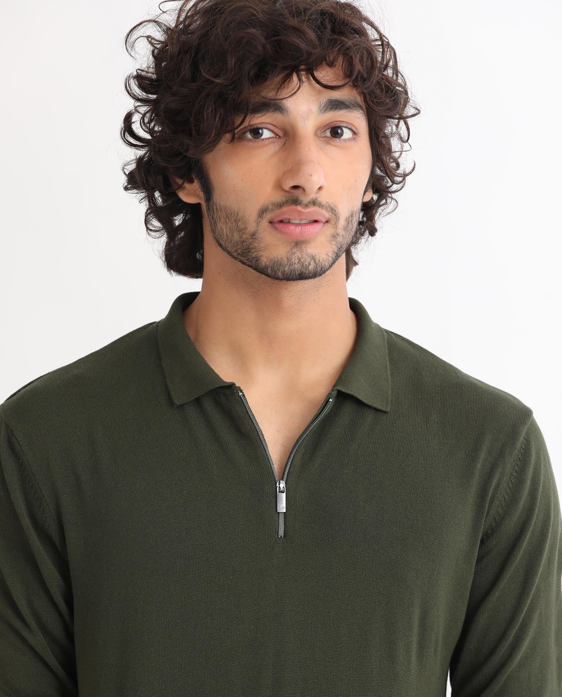 Rare Rabbit Mens Griffin Olive Sweater Viscose Nylon Polyester Fabric Collared Neck Knitted Full Sleeves Zipper Closure Regular Fit