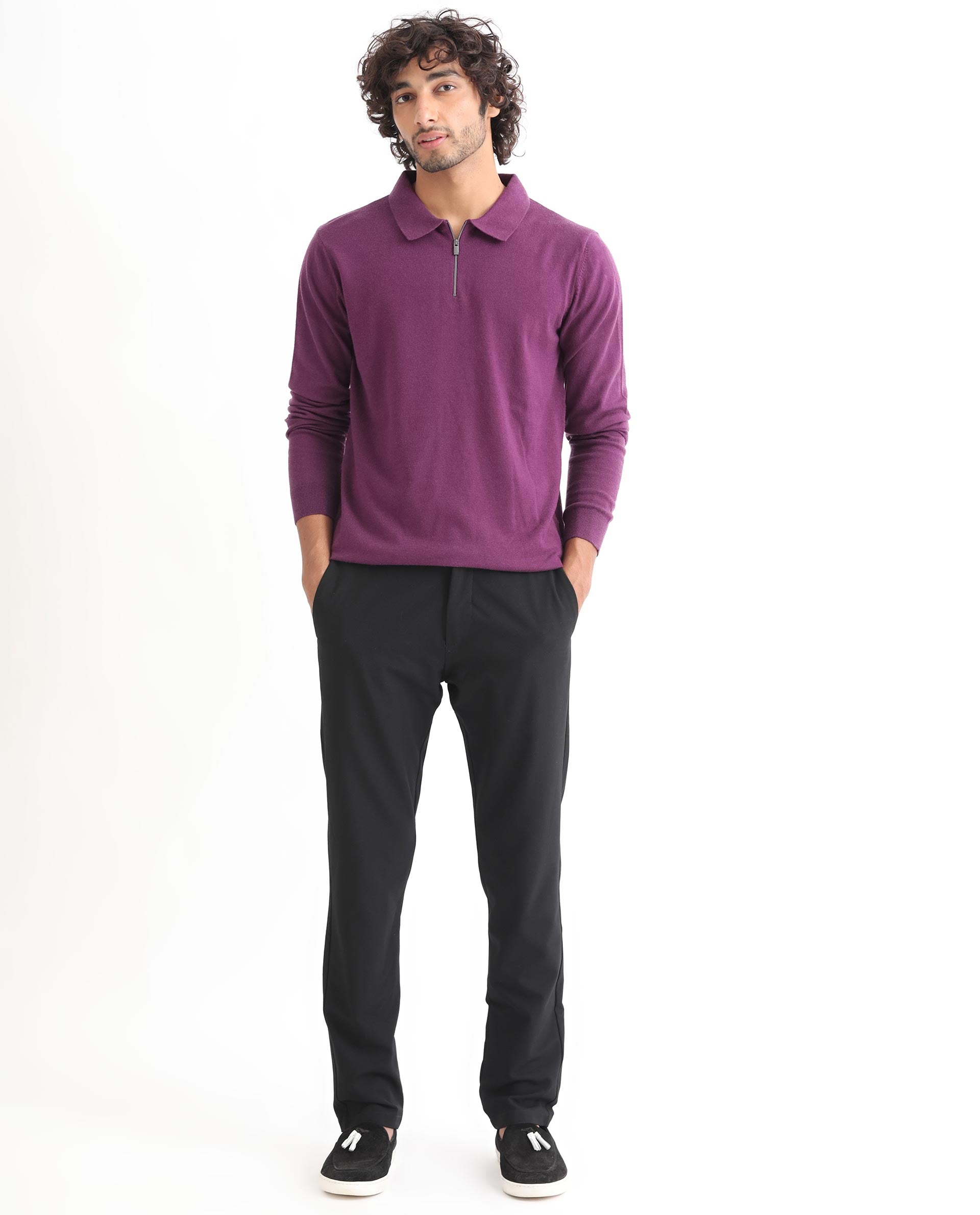 Rare Rabbit Mens Griffin Purple Sweater Viscose Nylon Polyester Fabric Collared Neck Knitted Full Sleeves Zipper Closure Regular Fit