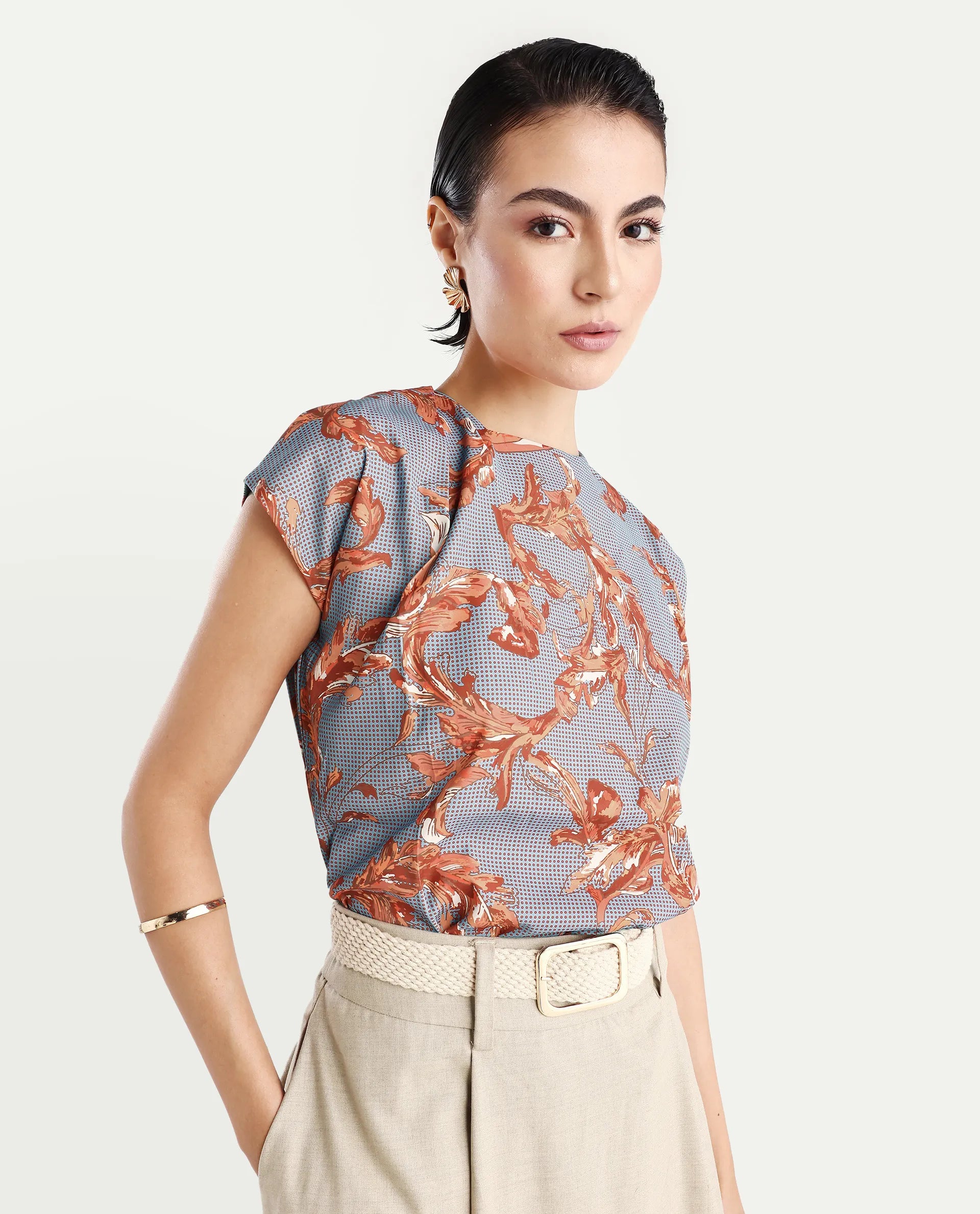 Rareism Women's Grillo Grey Polyester Asymmetric Neck Abstract Print Sleeveless Regular Fit Top