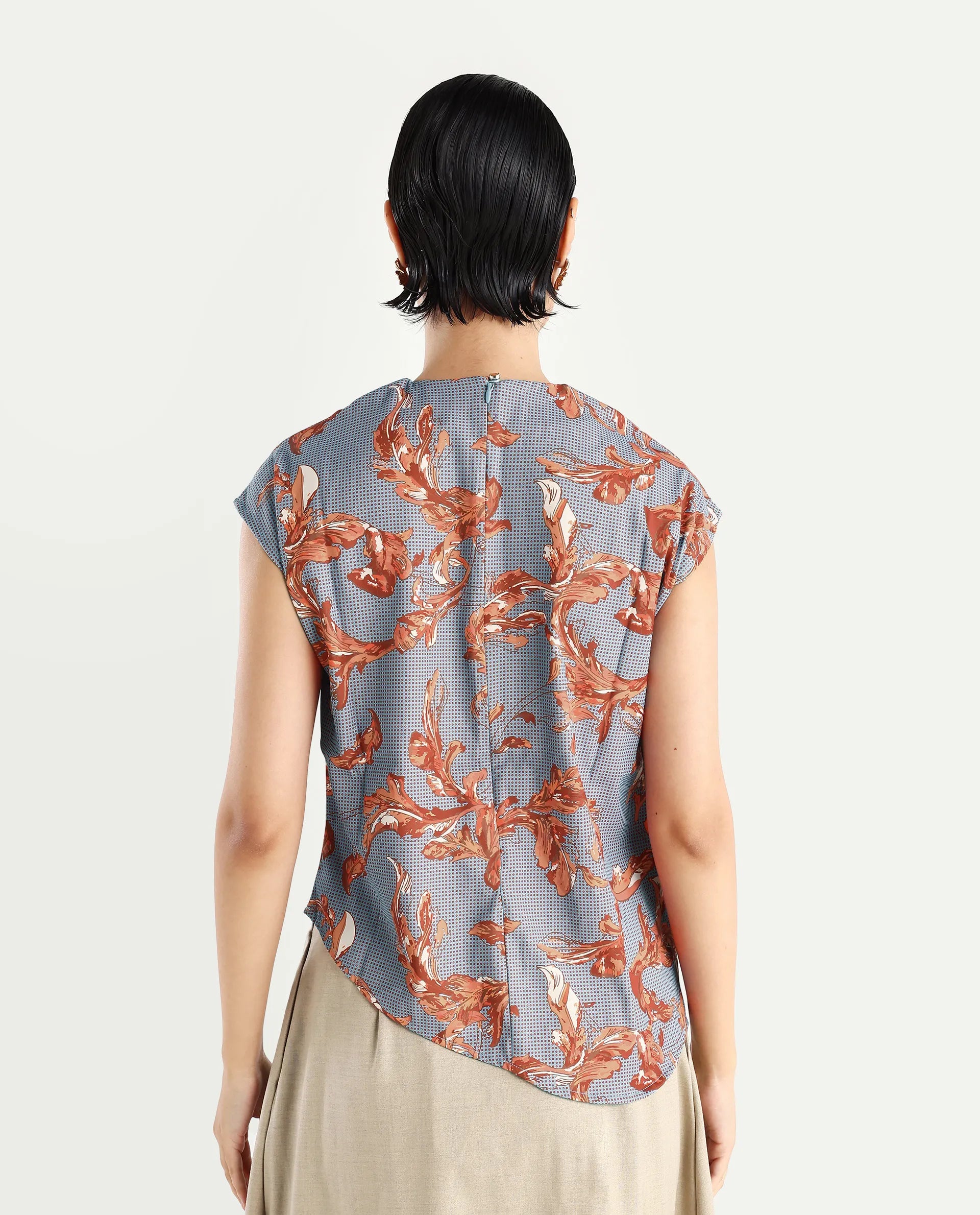 Rareism Women's Grillo Grey Polyester Asymmetric Neck Abstract Print Sleeveless Regular Fit Top