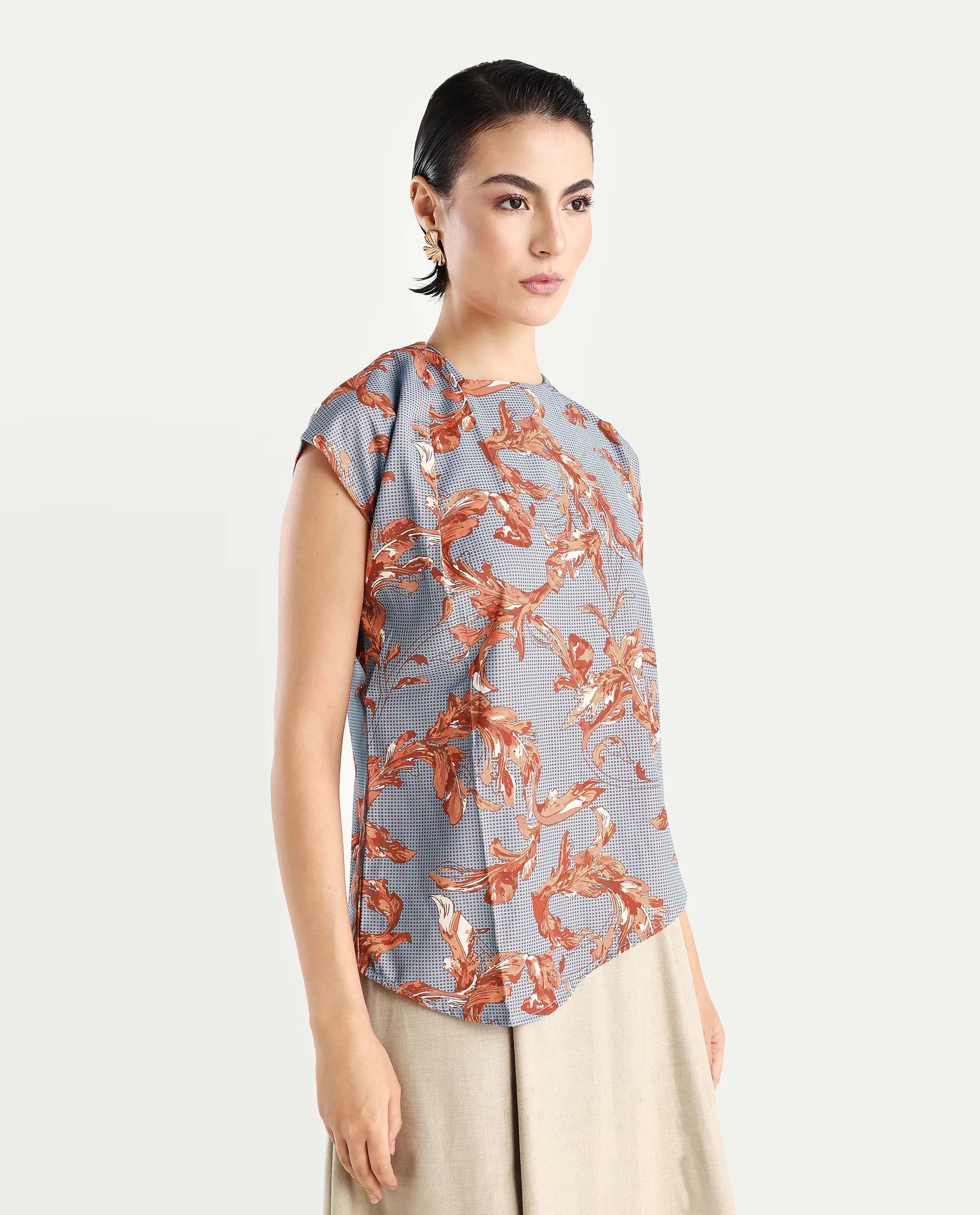 Rareism Women's Grillo Grey Polyester Asymmetric Neck Abstract Print Sleeveless Regular Fit Top