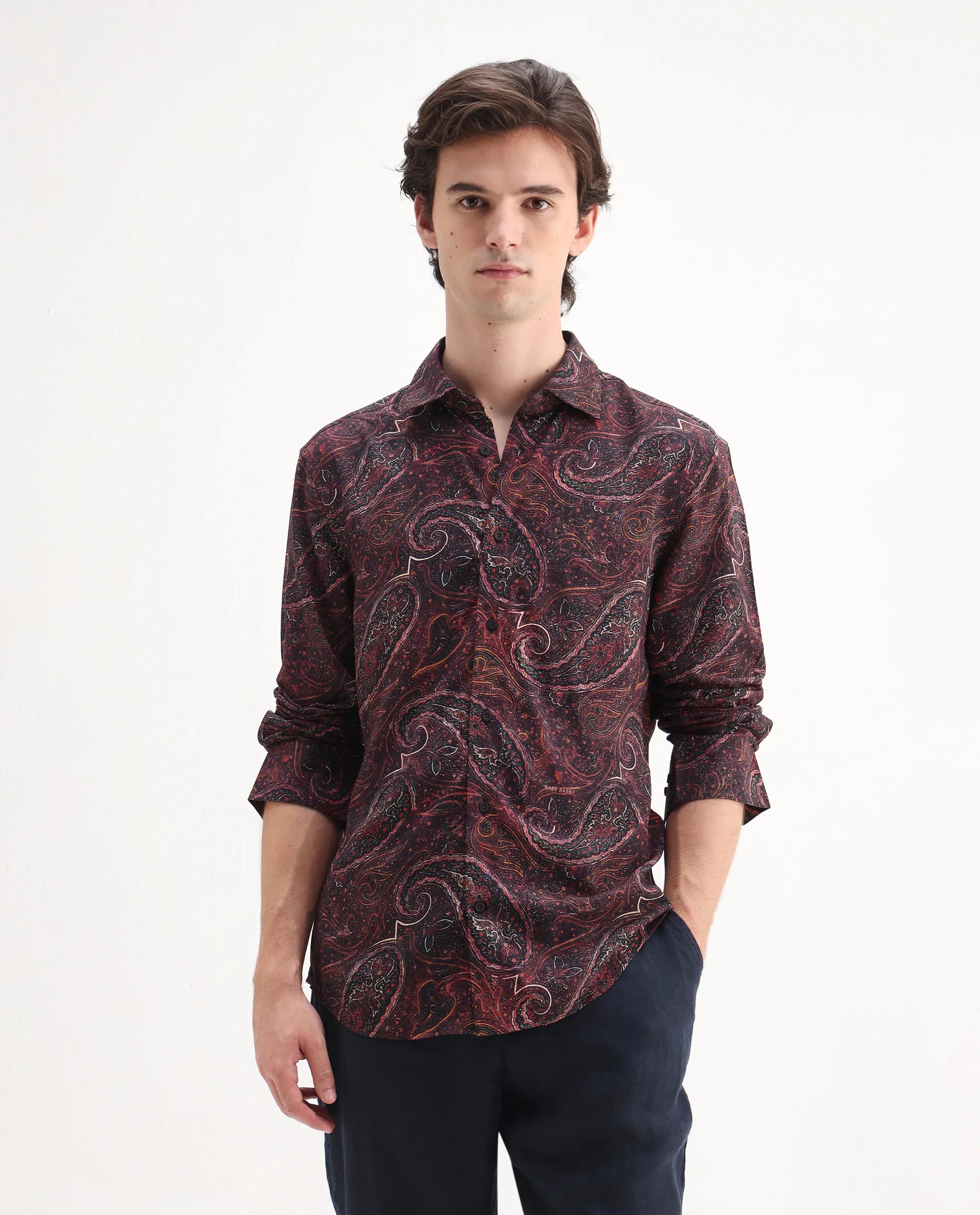 Rare Rabbit Men's Grilo Dusky Rust Viscose Paisley Print Regular Fit Full Sleeve Collared Shirt