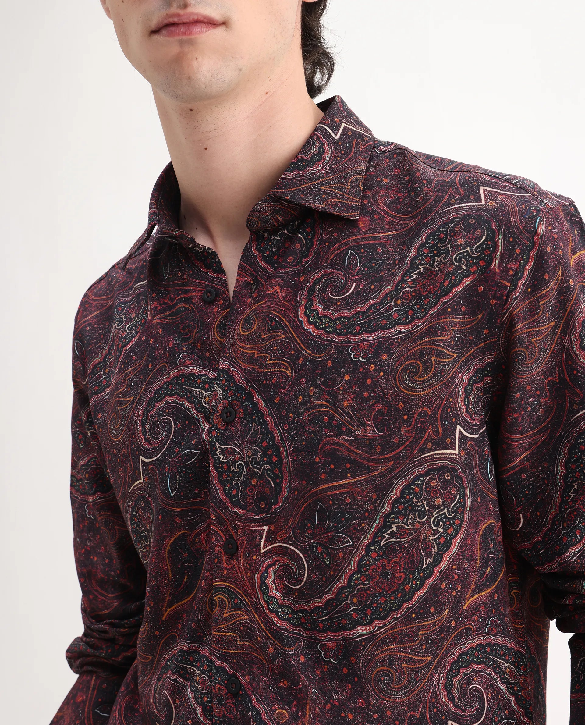 Rare Rabbit Men's Grilo Dusky Rust Viscose Paisley Print Regular Fit Full Sleeve Collared Shirt