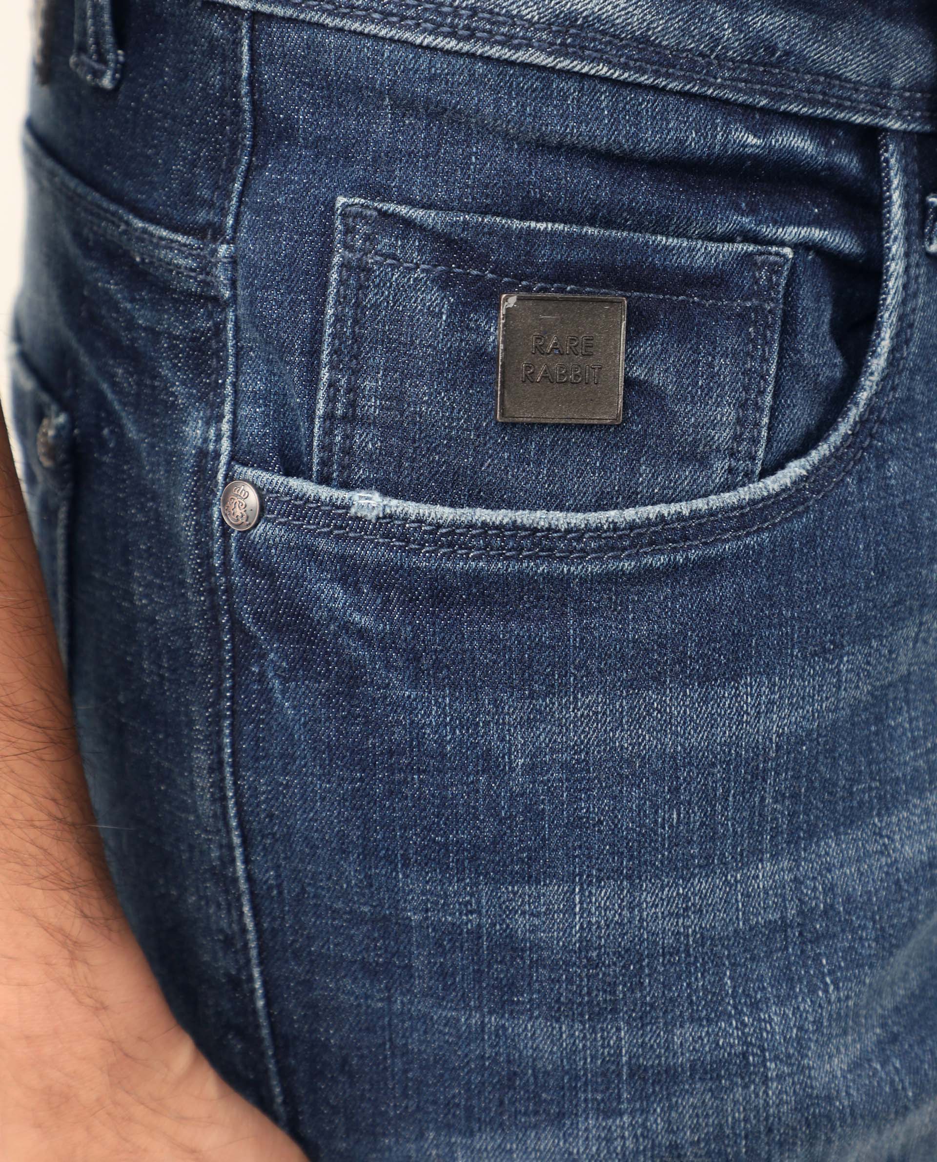 Rare Rabbit Men's Grimm Blue Mid Wash Mid-Rise Mild Distressed Slim Fit Jeans