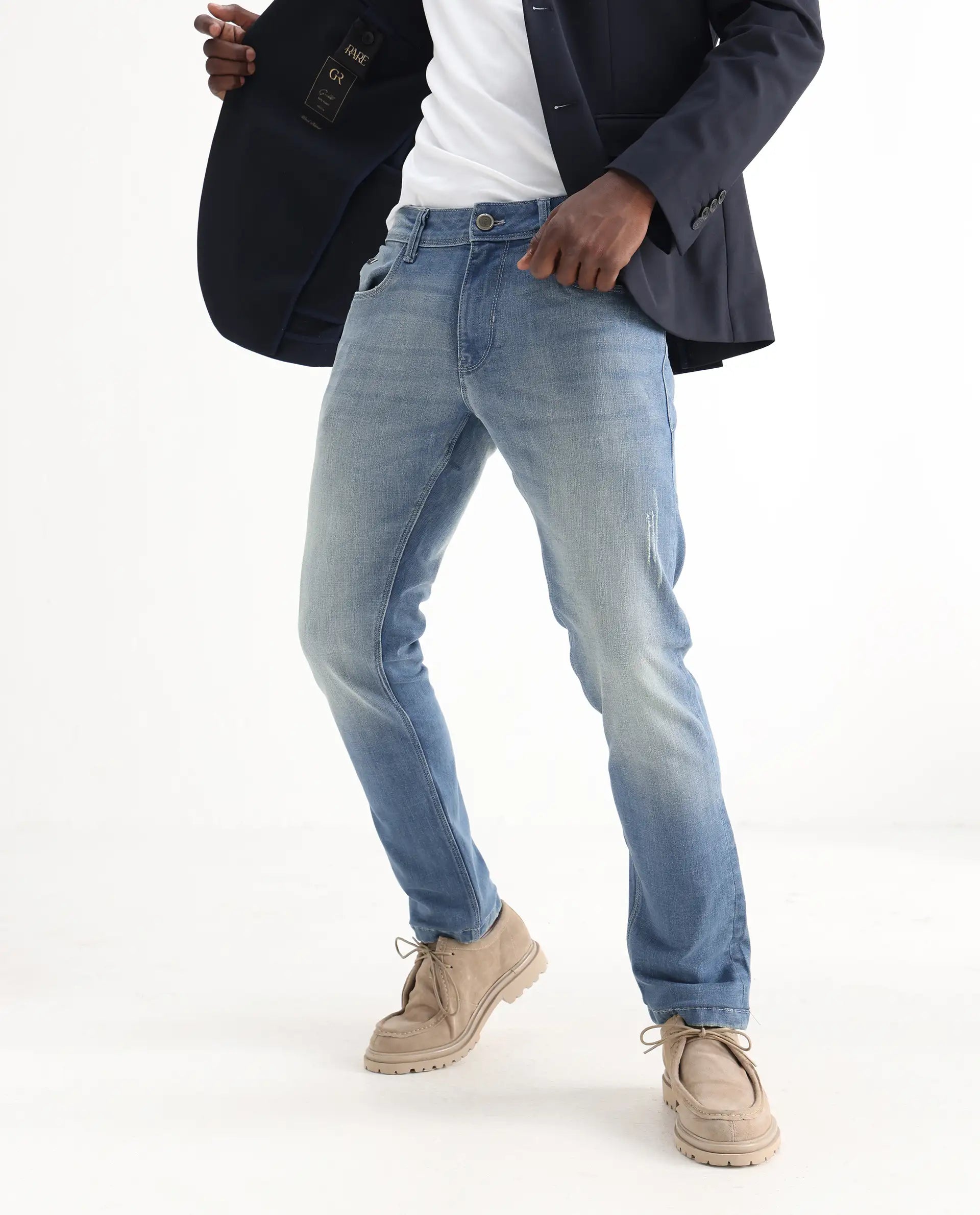 Rare Rabbit Men's Grimm Light Blue Cotton Plain Hawk Slim Fit Jeans