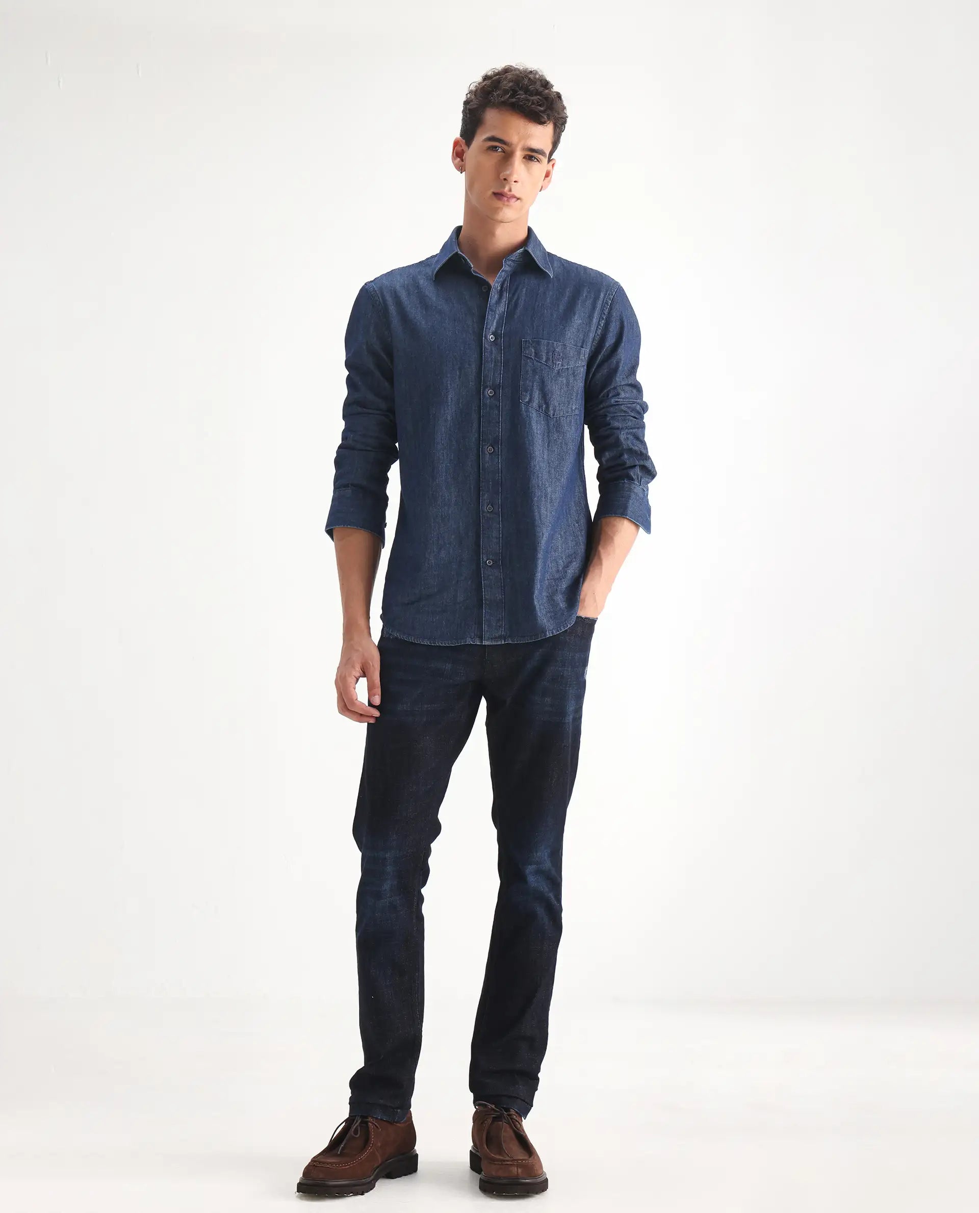 Rare Rabbit Men's Grimm Navy Cotton Plain Hawk Slim Fit Jeans