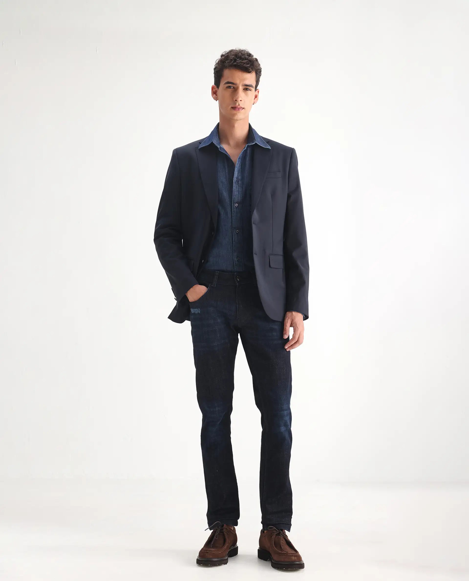 Rare Rabbit Men's Grimm Navy Cotton Plain Hawk Slim Fit Jeans