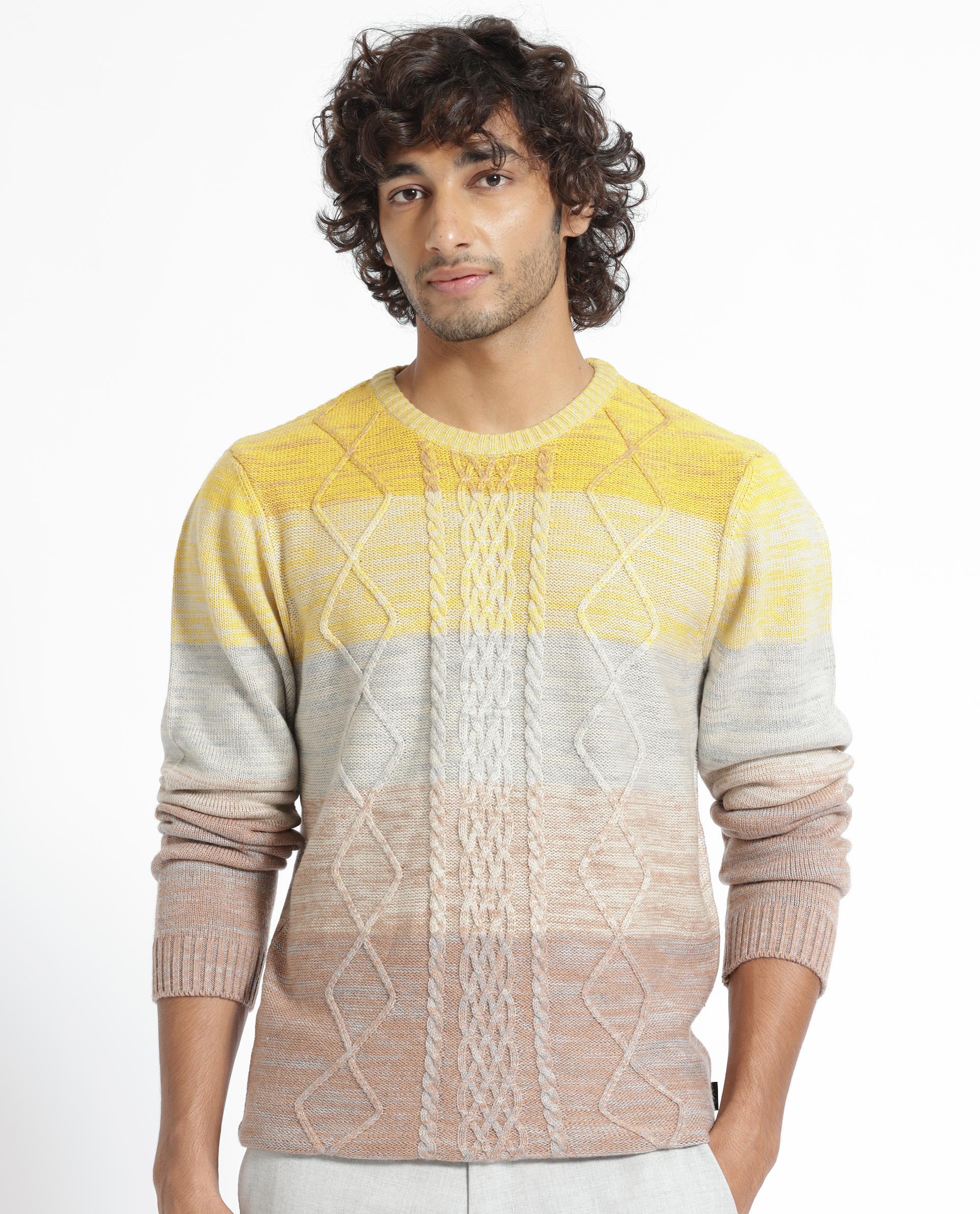 Rare Rabbit Mens Grindle Mustard Acrylic Fabric Crew Neck Full Sleeve Multicolored Textured Knitted Sweater