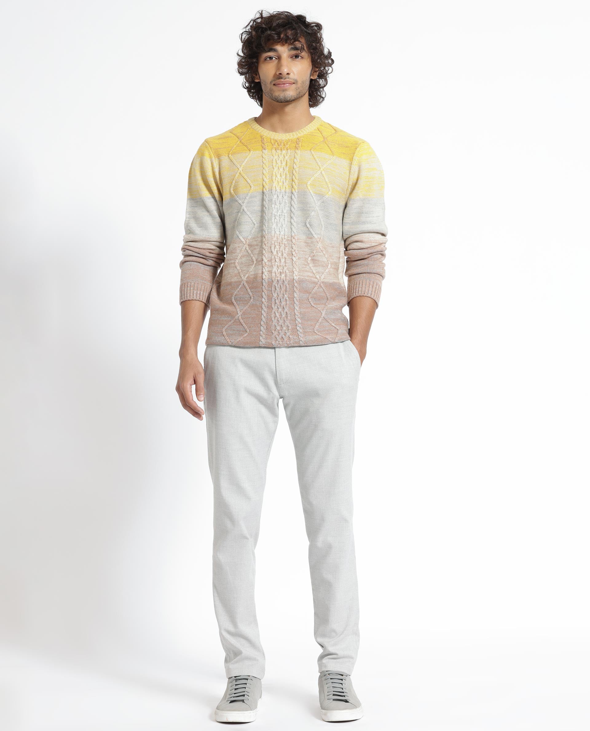 Rare Rabbit Mens Grindle Mustard Acrylic Fabric Crew Neck Full Sleeve Multicolored Textured Knitted Sweater