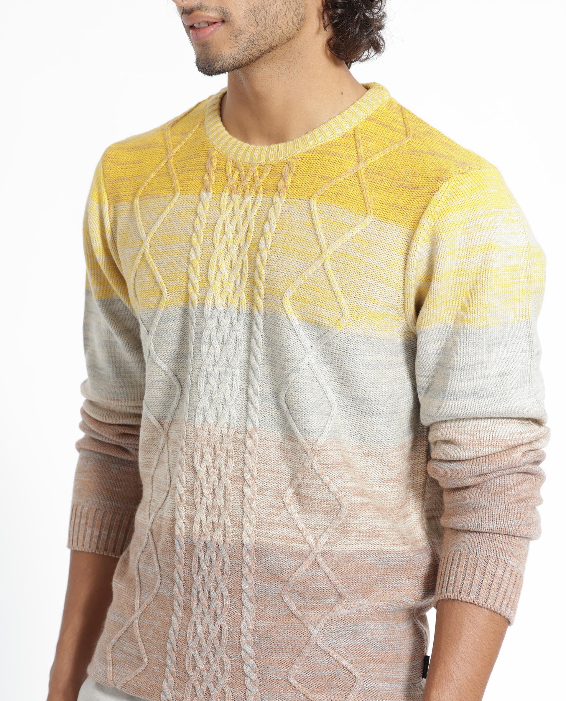 Rare Rabbit Mens Grindle Mustard Acrylic Fabric Crew Neck Full Sleeve Multicolored Textured Knitted Sweater