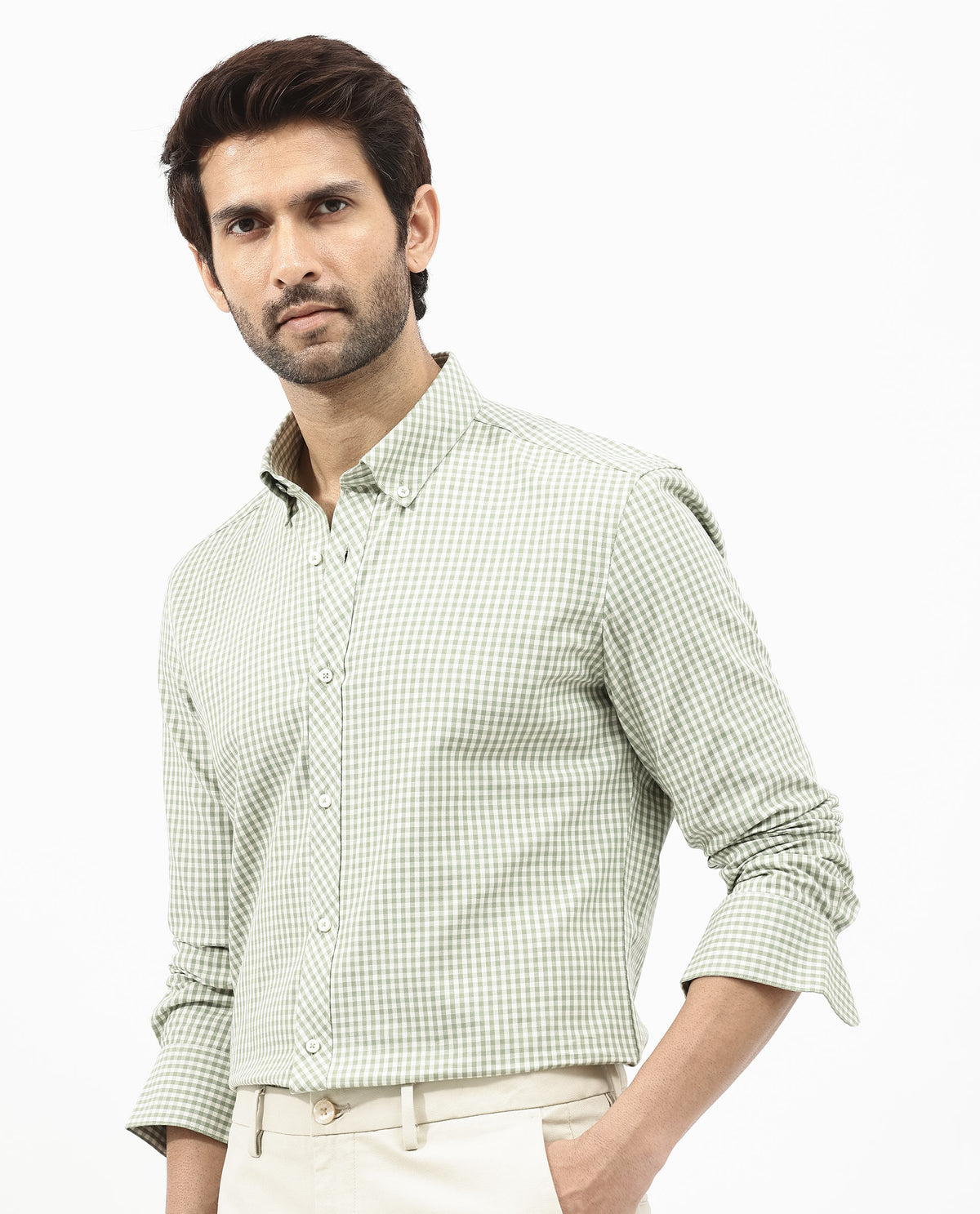 Rare Rabbit Mens Grino Dusky Green Cotton Fabric Full Sleeve Regular Fit Gingham Checks Shirt