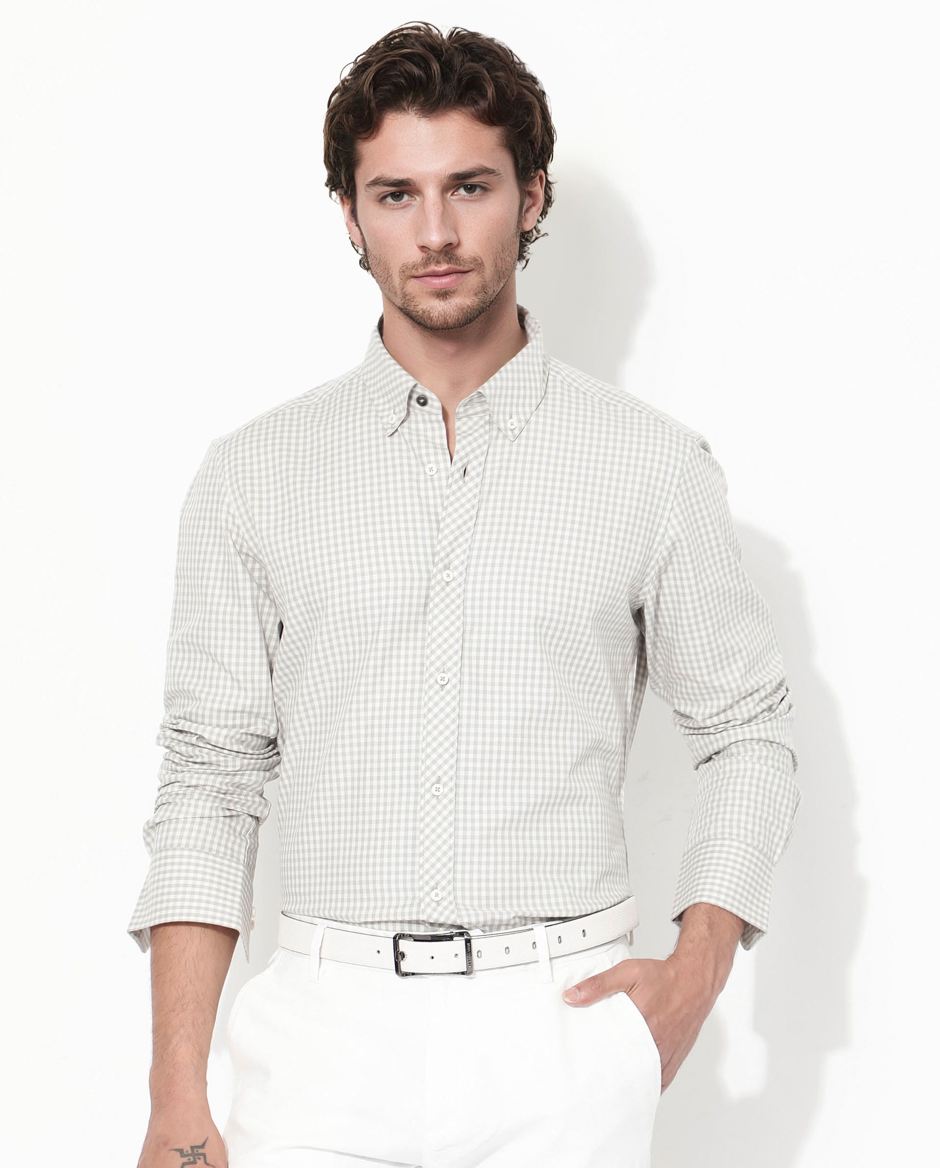 Rare Rabbit Mens Grino Grey Cotton Fabric Full Sleeve Regular Fit Gingham Checks Shirt